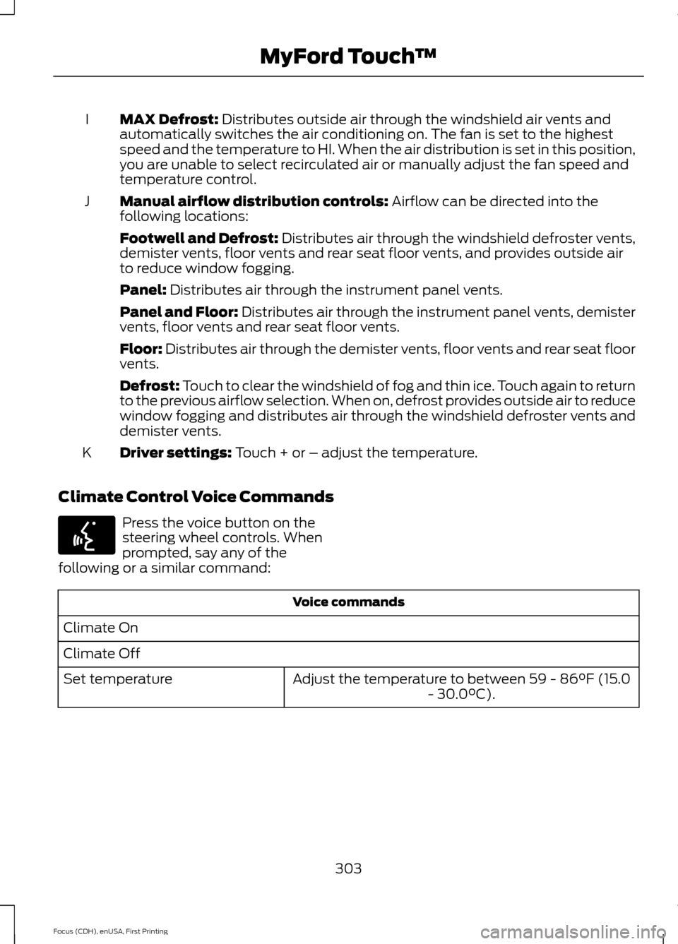FORD FOCUS ELECTRIC 2015 3.G Owners Manual MAX Defrost: Distributes outside air through the windshield air vents and
automatically switches the air conditioning on. The fan is set to the highest
speed and the temperature to HI. When the air di