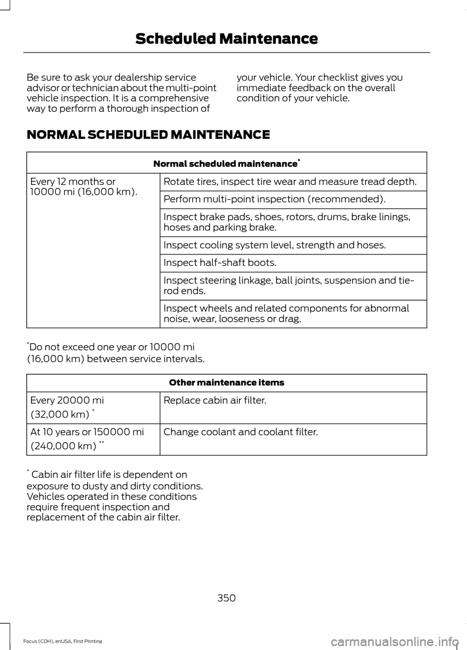 FORD FOCUS ELECTRIC 2015 3.G Owners Manual Be sure to ask your dealership service
advisor or technician about the multi-point
vehicle inspection. It is a comprehensive
way to perform a thorough inspection of
your vehicle. Your checklist gives 