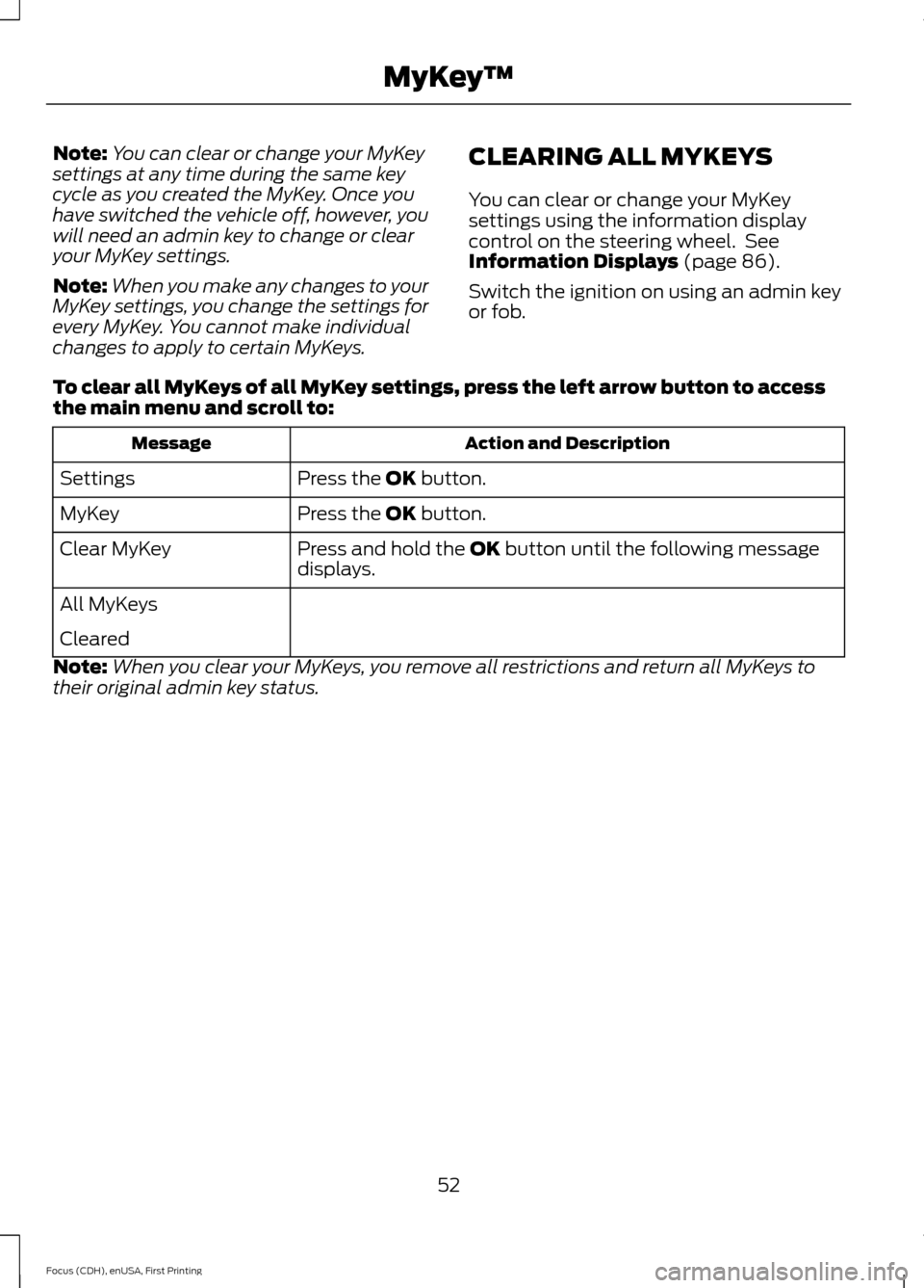 FORD FOCUS ELECTRIC 2015 3.G Owners Manual Note:
You can clear or change your MyKey
settings at any time during the same key
cycle as you created the MyKey. Once you
have switched the vehicle off, however, you
will need an admin key to change FORD FOCUS ELECTRIC 2015 3.G Owners Manual Note:
You can clear or change your MyKey
settings at any time during the same key
cycle as you created the MyKey. Once you
have switched the vehicle off, however, you
will need an admin key to change