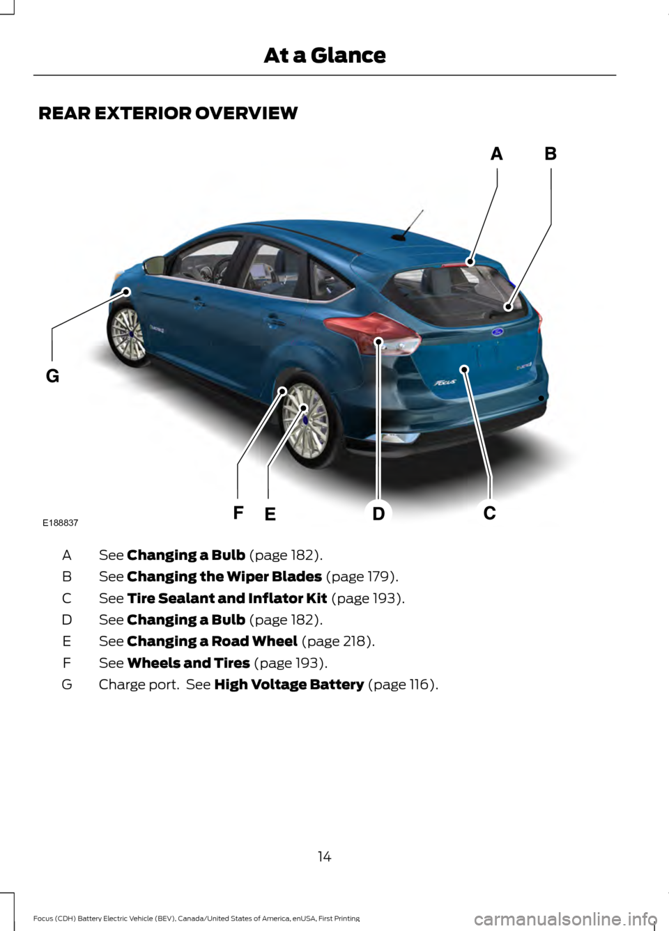 FORD FOCUS ELECTRIC 2016 3.G Owners Manual REAR EXTERIOR OVERVIEW
See Changing a Bulb (page 182).
A
See 
Changing the Wiper Blades (page 179).
B
See 
Tire Sealant and Inflator Kit (page 193).
C
See 
Changing a Bulb (page 182).
D
See 
Changing 