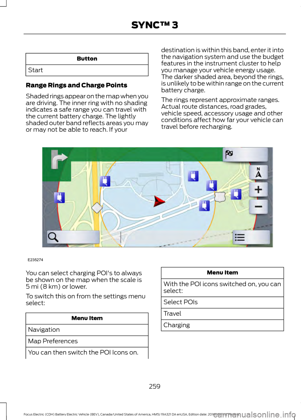 FORD FOCUS ELECTRIC 2017 3.G Owners Manual Button
Start
Range Rings and Charge Points
Shaded rings appear on the map when you
are driving. The inner ring with no shading
indicates a safe range you can travel with
the current battery charge. Th
