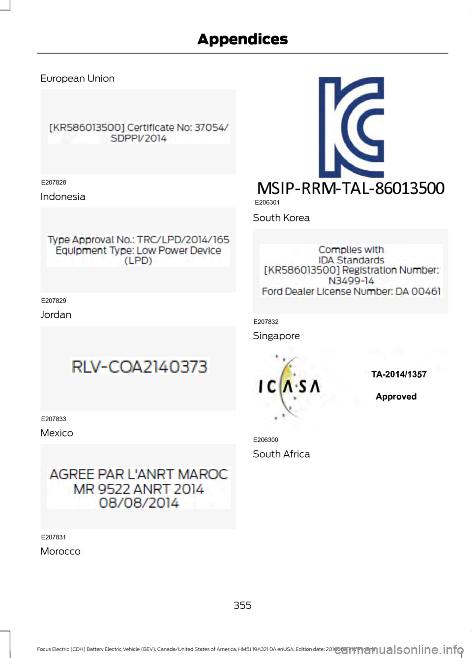 FORD FOCUS ELECTRIC 2017 3.G Owners Manual European Union
Indonesia
Jordan
Mexico
Morocco South Korea
Singapore
South Africa
355
Focus Electric (CDH) Battery Electric Vehicle (BEV), Canada/United States of America, HM5J 19A321 DA enUSA, Editio