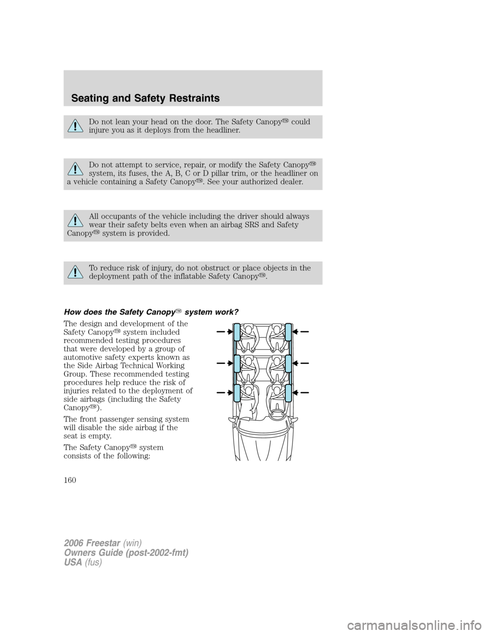 FORD FREESTAR 2006 1.G Owners Manual Do not lean your head on the door. The Safety Canopycould
injure you as it deploys from the headliner.
Do not attempt to service, repair, or modify the Safety Canopy
system, its fuses, the A, B, C o FORD FREESTAR 2006 1.G Owners Manual Do not lean your head on the door. The Safety Canopycould
injure you as it deploys from the headliner.
Do not attempt to service, repair, or modify the Safety Canopy
system, its fuses, the A, B, C o