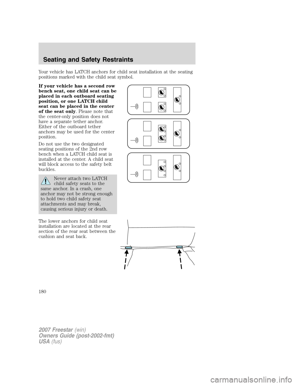 FORD FREESTAR 2007 1.G Owners Manual Your vehicle has LATCH anchors for child seat installation at the seating
positions marked with the child seat symbol.
If your vehicle has a second row
bench seat, one child seat can be
placed in each FORD FREESTAR 2007 1.G Owners Manual Your vehicle has LATCH anchors for child seat installation at the seating
positions marked with the child seat symbol.
If your vehicle has a second row
bench seat, one child seat can be
placed in each