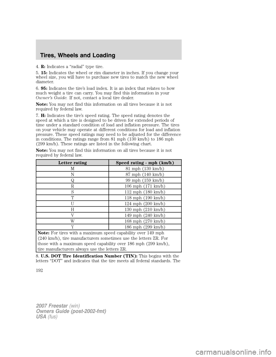 FORD FREESTAR 2007 1.G Owners Manual 4.R:Indicates a “radial” type tire.
5.15:Indicates the wheel or rim diameter in inches. If you change your
wheel size, you will have to purchase new tires to match the new wheel
diameter.
6.95:Ind FORD FREESTAR 2007 1.G Owners Manual 4.R:Indicates a “radial” type tire.
5.15:Indicates the wheel or rim diameter in inches. If you change your
wheel size, you will have to purchase new tires to match the new wheel
diameter.
6.95:Ind