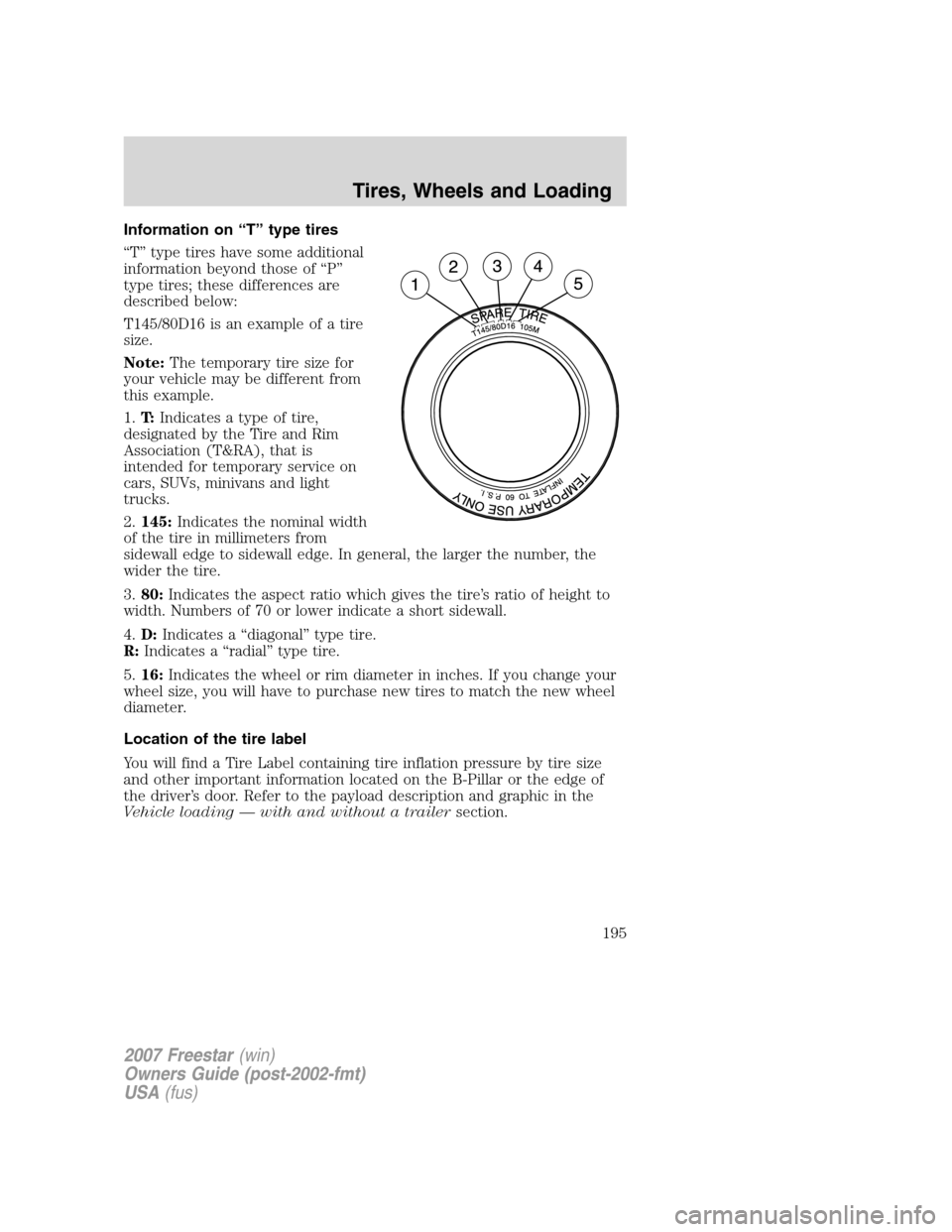 FORD FREESTAR 2007 1.G Owners Manual Information on “T” type tires
“T” type tires have some additional
information beyond those of “P”
type tires; these differences are
described below:
T145/80D16 is an example of a tire
size FORD FREESTAR 2007 1.G Owners Manual Information on “T” type tires
“T” type tires have some additional
information beyond those of “P”
type tires; these differences are
described below:
T145/80D16 is an example of a tire
size