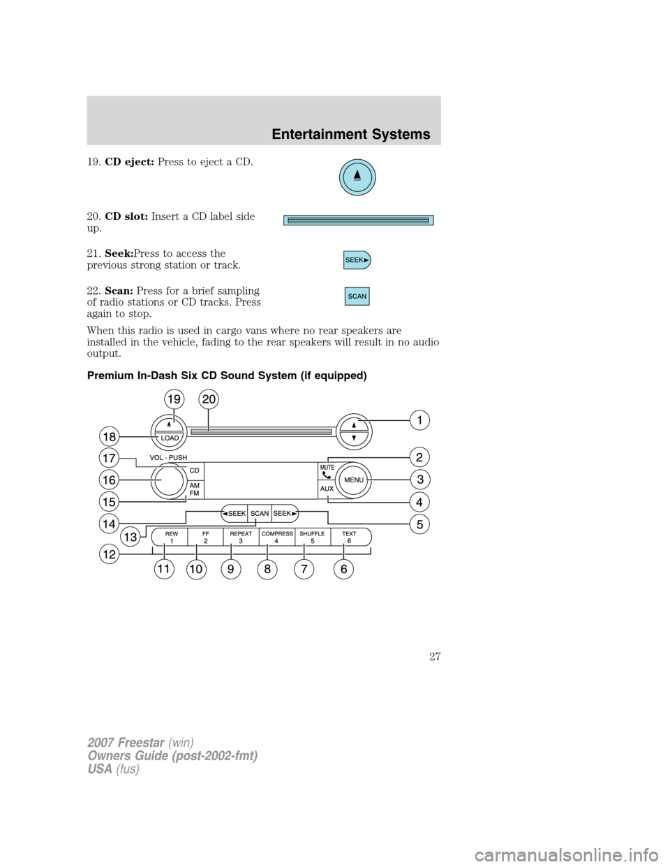 FORD FREESTAR 2007 1.G Owners Manual 19.CD eject:Press to eject a CD.
20.CD slot:Insert a CD label side
up.
21.Seek:Press to access the
previous strong station or track.
22.Scan:Press for a brief sampling
of radio stations or CD tracks. 