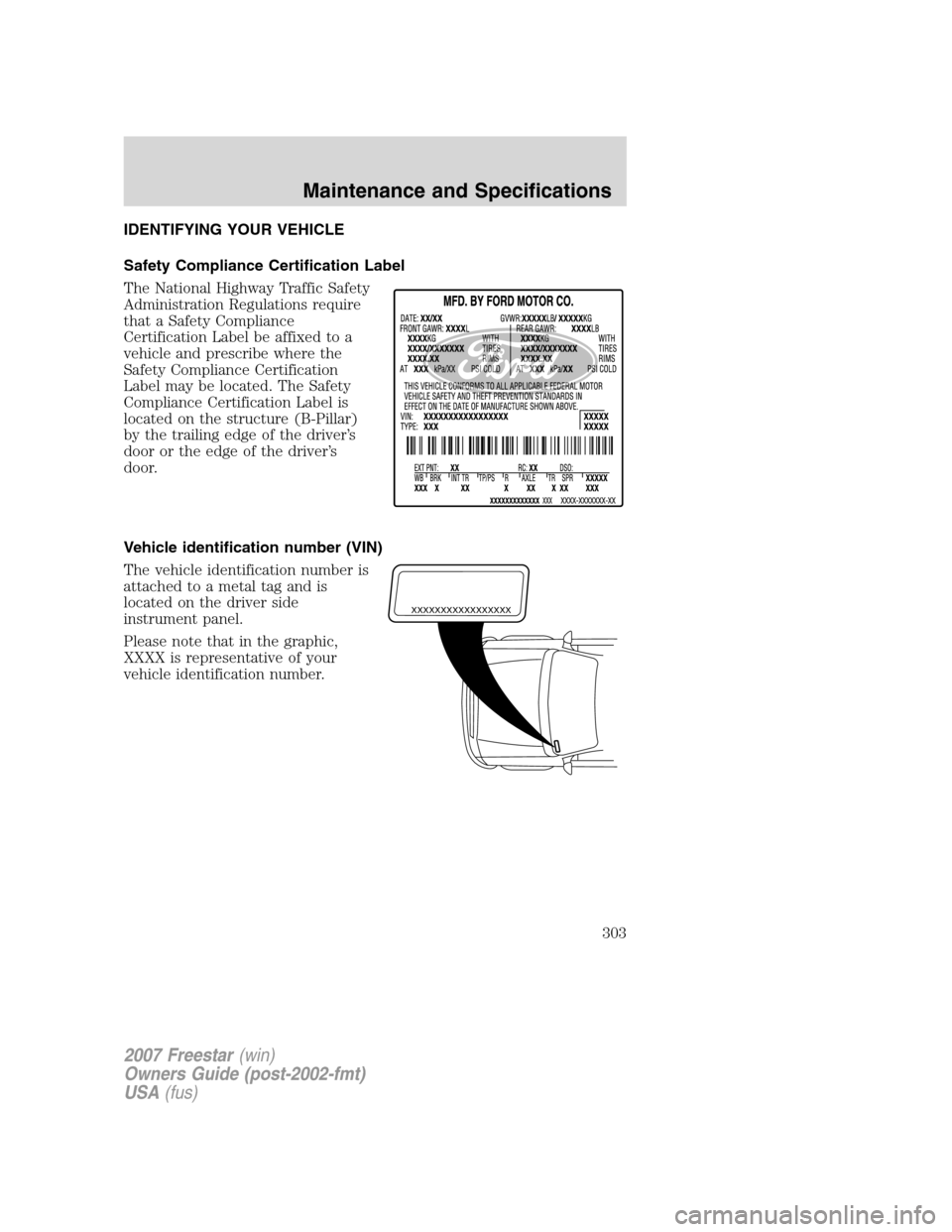 FORD FREESTAR 2007 1.G Owners Manual IDENTIFYING YOUR VEHICLE
Safety Compliance Certification Label
The National Highway Traffic Safety
Administration Regulations require
that a Safety Compliance
Certification Label be affixed to a
vehic