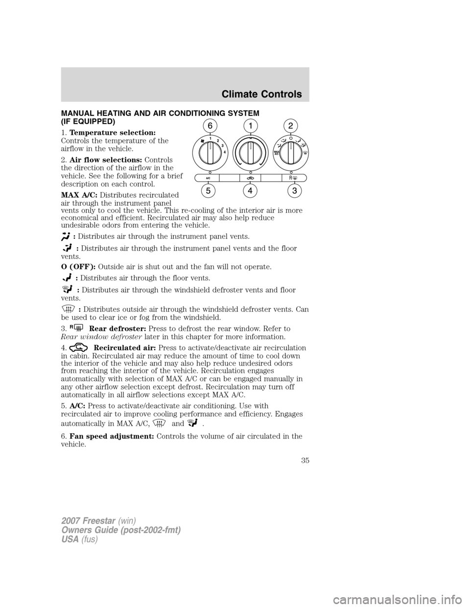 FORD FREESTAR 2007 1.G Owners Manual MANUAL HEATING AND AIR CONDITIONING SYSTEM
(IF EQUIPPED)
1.Temperature selection:
Controls the temperature of the
airflow in the vehicle.
2.Air flow selections:Controls
the direction of the airflow in FORD FREESTAR 2007 1.G Owners Manual MANUAL HEATING AND AIR CONDITIONING SYSTEM
(IF EQUIPPED)
1.Temperature selection:
Controls the temperature of the
airflow in the vehicle.
2.Air flow selections:Controls
the direction of the airflow in