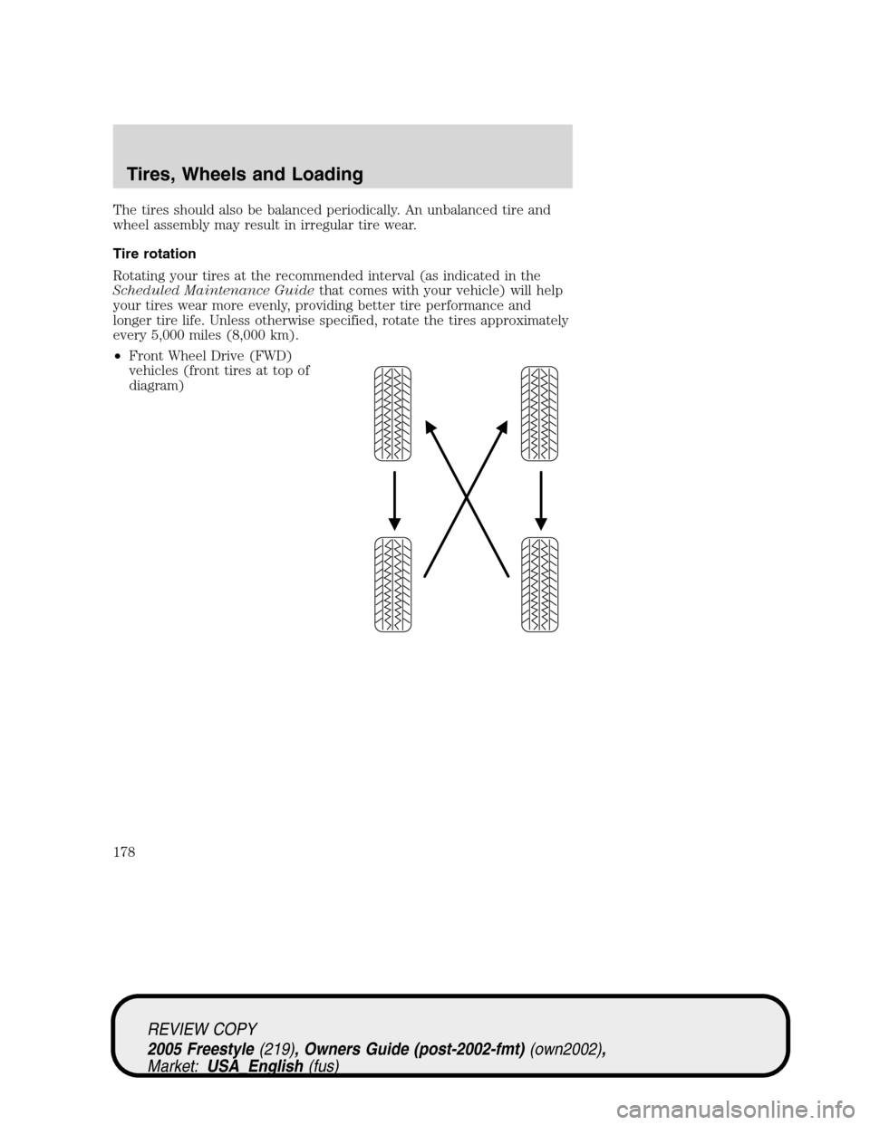 FORD FREESTYLE 2005 1.G Owners Manual The tires should also be balanced periodically. An unbalanced tire and
wheel assembly may result in irregular tire wear.
Tire rotation
Rotating your tires at the recommended interval (as indicated in 