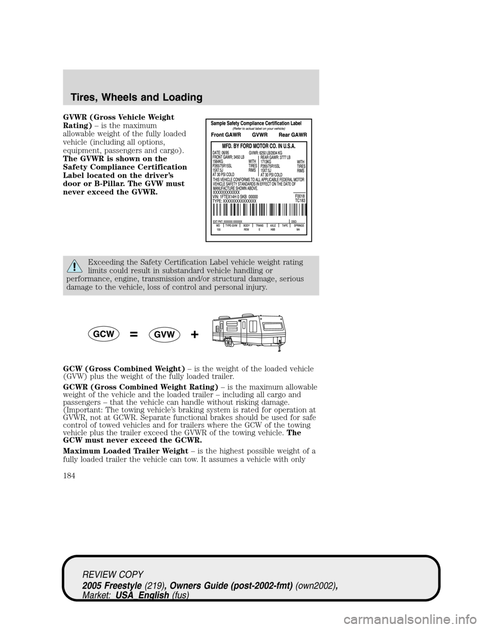 FORD FREESTYLE 2005 1.G Owners Manual GVWR (Gross Vehicle Weight
Rating)–is the maximum
allowable weight of the fully loaded
vehicle (including all options,
equipment, passengers and cargo).
The GVWR is shown on the
Safety Compliance Ce