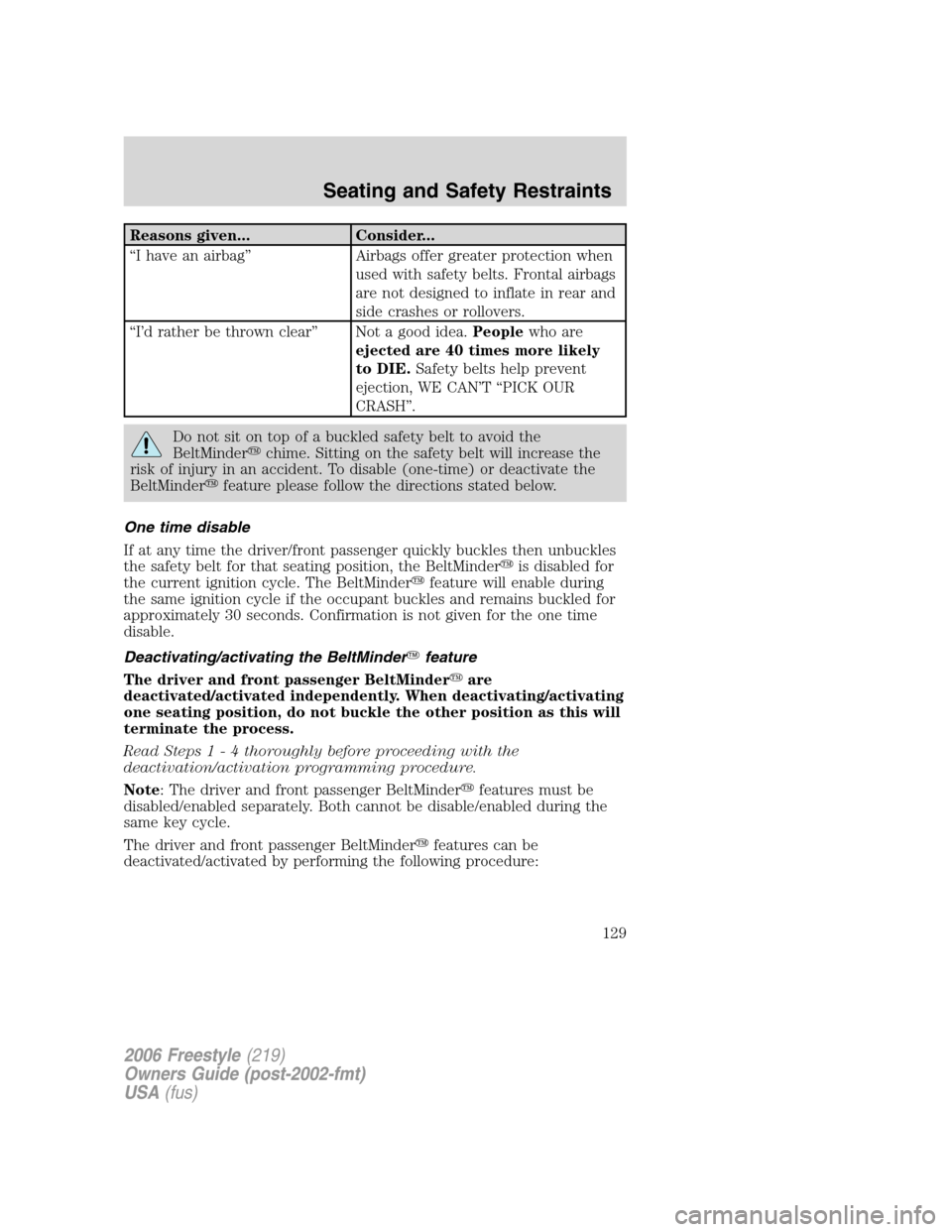 FORD FREESTYLE 2006 1.G Owners Manual Reasons given... Consider...
“I have an airbag” Airbags offer greater protection when
used with safety belts. Frontal airbags
are not designed to inflate in rear and
side crashes or rollovers.
“ FORD FREESTYLE 2006 1.G Owners Manual Reasons given... Consider...
“I have an airbag” Airbags offer greater protection when
used with safety belts. Frontal airbags
are not designed to inflate in rear and
side crashes or rollovers.
“