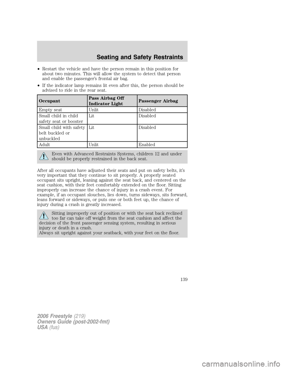 FORD FREESTYLE 2006 1.G Owners Manual •Restart the vehicle and have the person remain in this position for
about two minutes. This will allow the system to detect that person
and enable the passenger’s frontal air bag.
•If the indic FORD FREESTYLE 2006 1.G Owners Manual •Restart the vehicle and have the person remain in this position for
about two minutes. This will allow the system to detect that person
and enable the passenger’s frontal air bag.
•If the indic