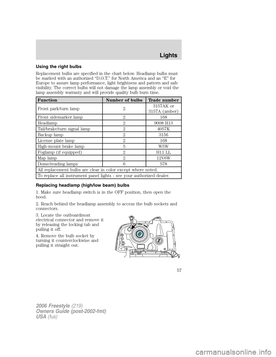 FORD FREESTYLE 2006 1.G Owners Manual Using the right bulbs
Replacement bulbs are specified in the chart below. Headlamp bulbs must
be marked with an authorized “D.O.T.” for North America and an “E” for
Europe to assure lamp perfo FORD FREESTYLE 2006 1.G Owners Manual Using the right bulbs
Replacement bulbs are specified in the chart below. Headlamp bulbs must
be marked with an authorized “D.O.T.” for North America and an “E” for
Europe to assure lamp perfo