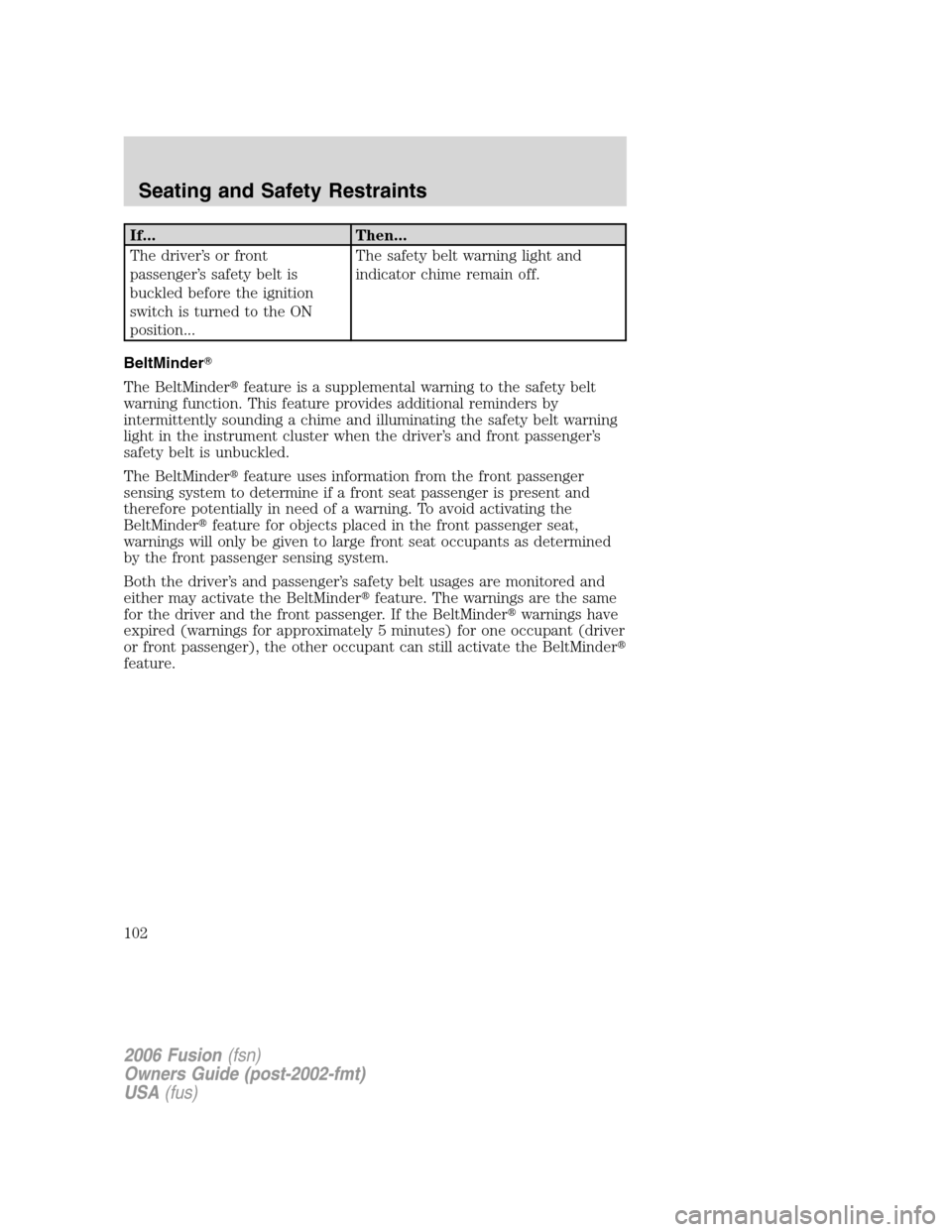 FORD FUSION (AMERICAS) 2006 1.G Owners Manual If... Then...
The driver’s or front
passenger’s safety belt is
buckled before the ignition
switch is turned to the ON
position...The safety belt warning light and
indicator chime remain off.
BeltM FORD FUSION (AMERICAS) 2006 1.G Owners Manual If... Then...
The driver’s or front
passenger’s safety belt is
buckled before the ignition
switch is turned to the ON
position...The safety belt warning light and
indicator chime remain off.
BeltM