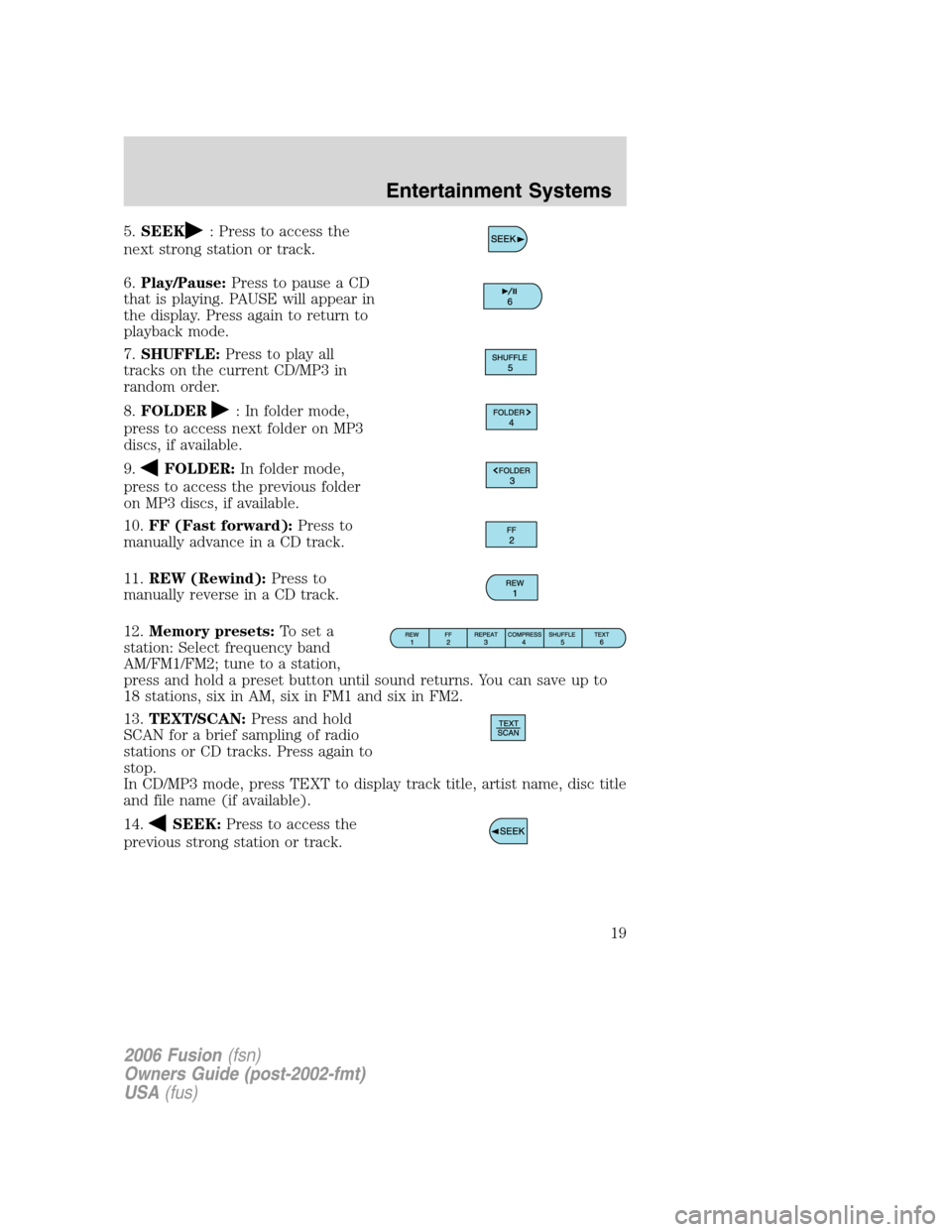 FORD FUSION (AMERICAS) 2006 1.G Owners Manual 5.SEEK: Press to access the
next strong station or track.
6.Play/Pause:Press to pause a CD
that is playing. PAUSE will appear in
the display. Press again to return to
playback mode.
7.SHUFFLE:Press to FORD FUSION (AMERICAS) 2006 1.G Owners Manual 5.SEEK: Press to access the
next strong station or track.
6.Play/Pause:Press to pause a CD
that is playing. PAUSE will appear in
the display. Press again to return to
playback mode.
7.SHUFFLE:Press to