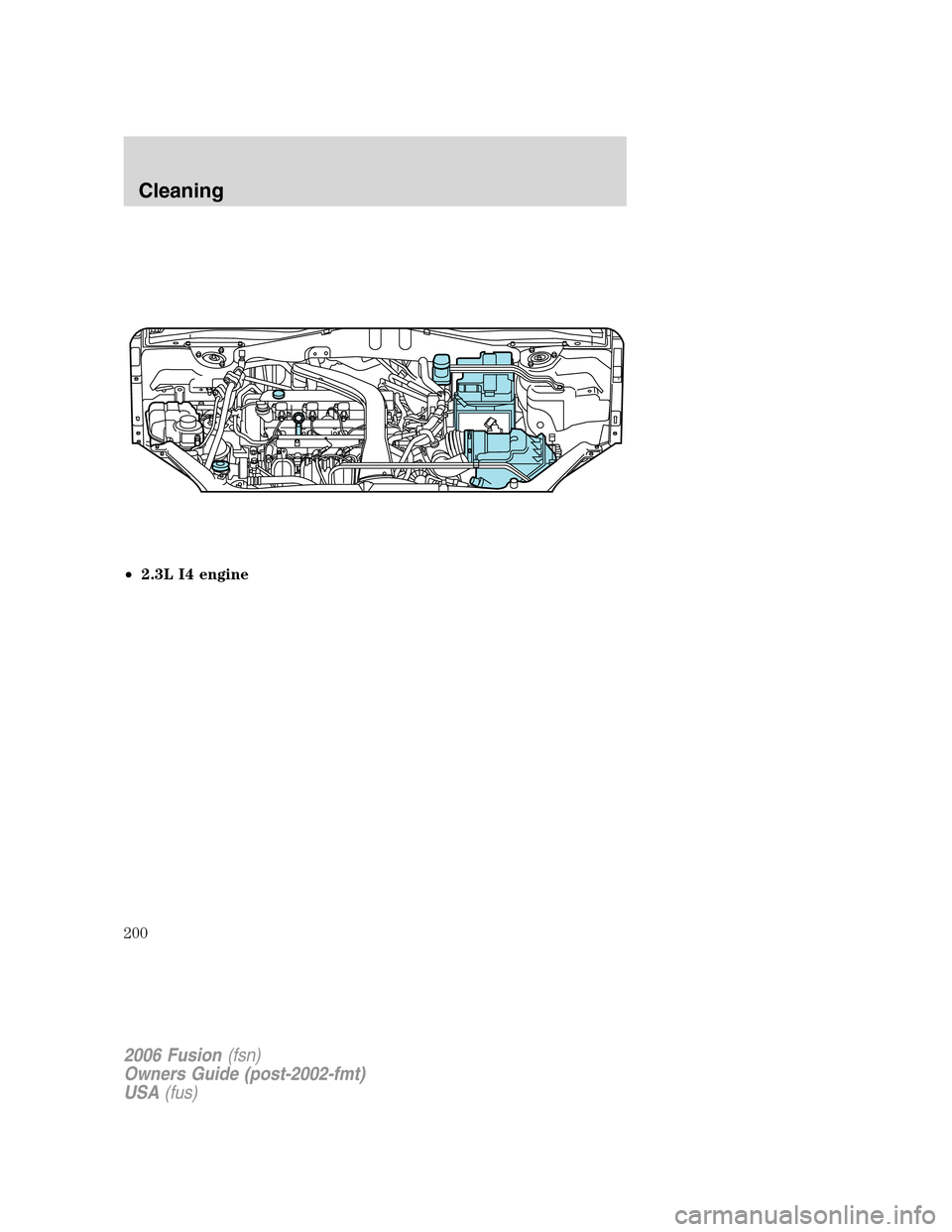 FORD FUSION (AMERICAS) 2006 1.G Owners Manual •2.3L I4 engine
2006 Fusion(fsn)
Owners Guide (post-2002-fmt)
USA(fus)
Cleaning
200 