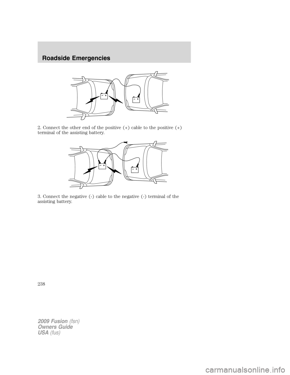 FORD FUSION (AMERICAS) 2009 1.G Owners Manual 2. Connect the other end of the positive (+) cable to the positive (+)
terminal of the assisting battery.
3. Connect the negative (-) cable to the negative (-) terminal of the
assisting battery.
+–+