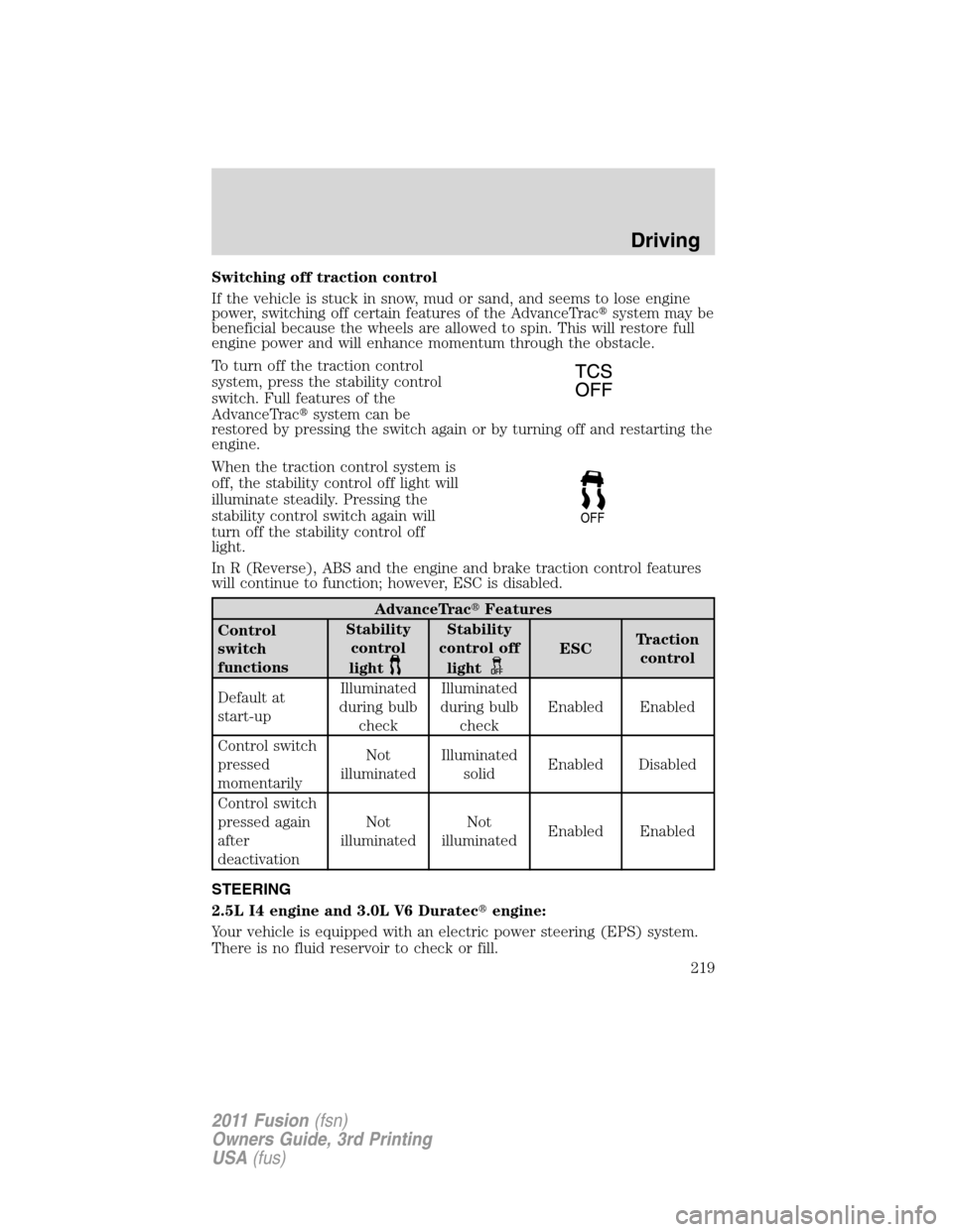 FORD FUSION (AMERICAS) 2011 1.G Owners Manual Switching off traction control
If the vehicle is stuck in snow, mud or sand, and seems to lose engine
power, switching off certain features of the AdvanceTracsystem may be
beneficial because the whee FORD FUSION (AMERICAS) 2011 1.G Owners Manual Switching off traction control
If the vehicle is stuck in snow, mud or sand, and seems to lose engine
power, switching off certain features of the AdvanceTracsystem may be
beneficial because the whee
