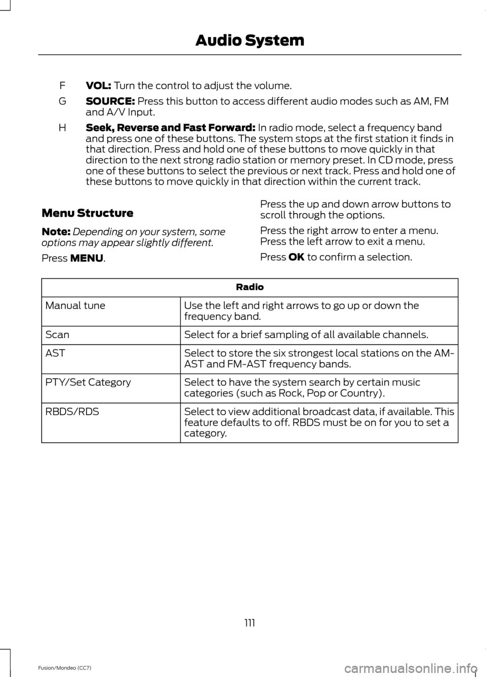 FORD FUSION (AMERICAS) 2013 2.G Owners Manual VOL: Turn the control to adjust the volume.
F
SOURCE:
 Press this button to access different audio modes such as AM, FM
and A/V Input.
G
Seek, Reverse and Fast Forward:
 In radio mode, select a freque