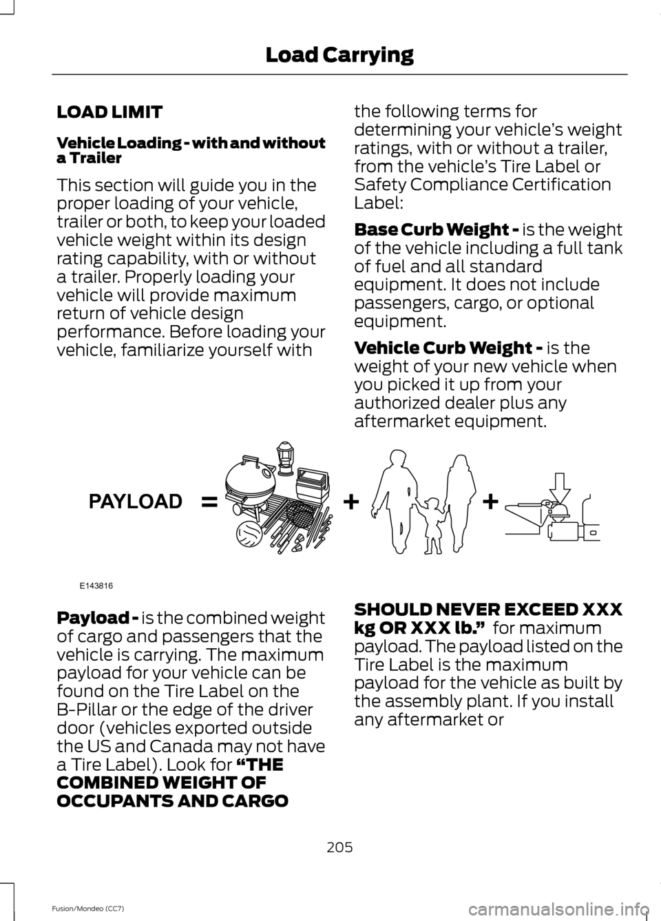 FORD FUSION (AMERICAS) 2013 2.G Owners Manual LOAD LIMIT
Vehicle Loading - with and without
a Trailer
This section will guide you in the
proper loading of your vehicle,
trailer or both, to keep your loaded
vehicle weight within its design
rating 