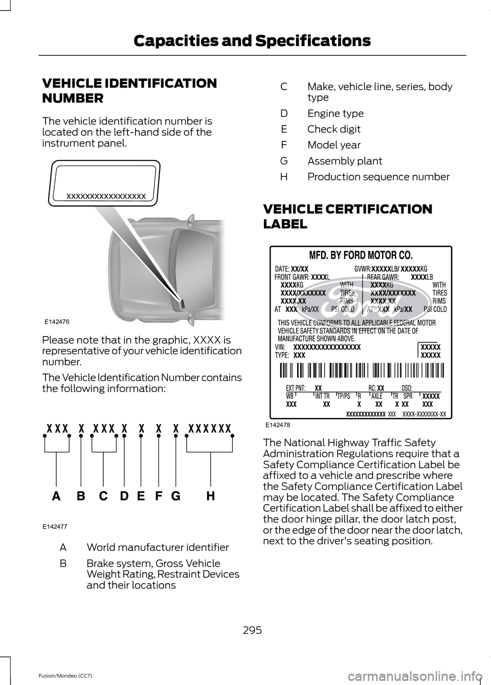 FORD FUSION (AMERICAS) 2013 2.G Owners Manual VEHICLE IDENTIFICATION
NUMBER
The vehicle identification number is
located on the left-hand side of the
instrument panel.
Please note that in the graphic, XXXX is
representative of your vehicle identi FORD FUSION (AMERICAS) 2013 2.G Owners Manual VEHICLE IDENTIFICATION
NUMBER
The vehicle identification number is
located on the left-hand side of the
instrument panel.
Please note that in the graphic, XXXX is
representative of your vehicle identi