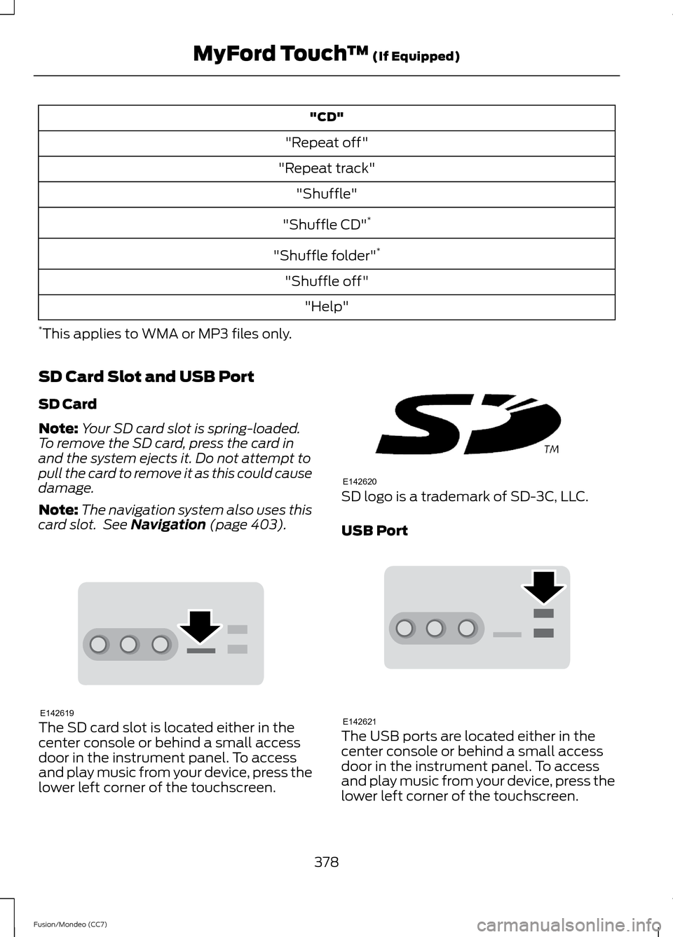 FORD FUSION (AMERICAS) 2013 2.G Owners Manual "CD"
"Repeat off"
"Repeat track" "Shuffle"
"Shuffle CD" *
"Shuffle folder" *
"Shuffle off" "Help"
* This applies to WMA or MP3 files only.
SD Card Slot and USB Port
SD Card
Note: Your SD card slot is 