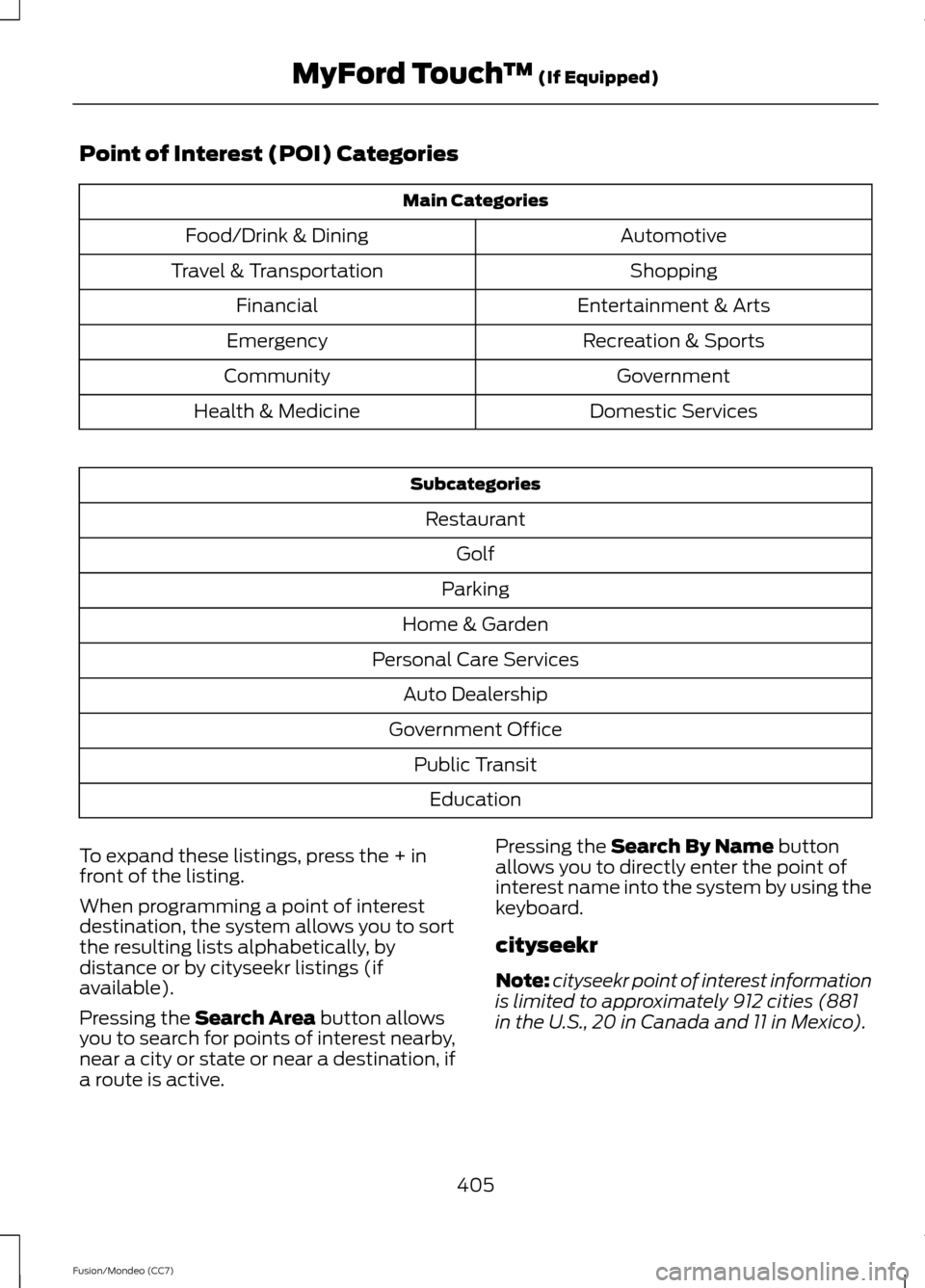 FORD FUSION (AMERICAS) 2013 2.G Owners Manual Point of Interest (POI) Categories
Main Categories
Automotive
Food/Drink & Dining
Shopping
Travel & Transportation
Entertainment & Arts
Financial
Recreation & Sports
Emergency
Government
Community
Dom FORD FUSION (AMERICAS) 2013 2.G Owners Manual Point of Interest (POI) Categories
Main Categories
Automotive
Food/Drink & Dining
Shopping
Travel & Transportation
Entertainment & Arts
Financial
Recreation & Sports
Emergency
Government
Community
Dom