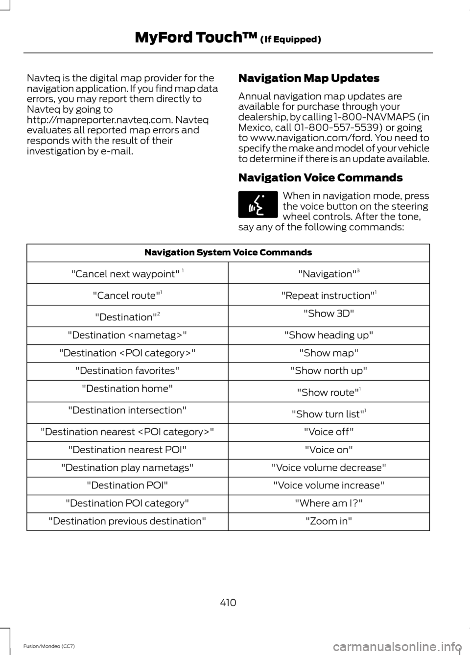 FORD FUSION (AMERICAS) 2013 2.G Owners Manual Navteq is the digital map provider for the
navigation application. If you find map data
errors, you may report them directly to
Navteq by going to
http://mapreporter.navteq.com. Navteq
evaluates all r