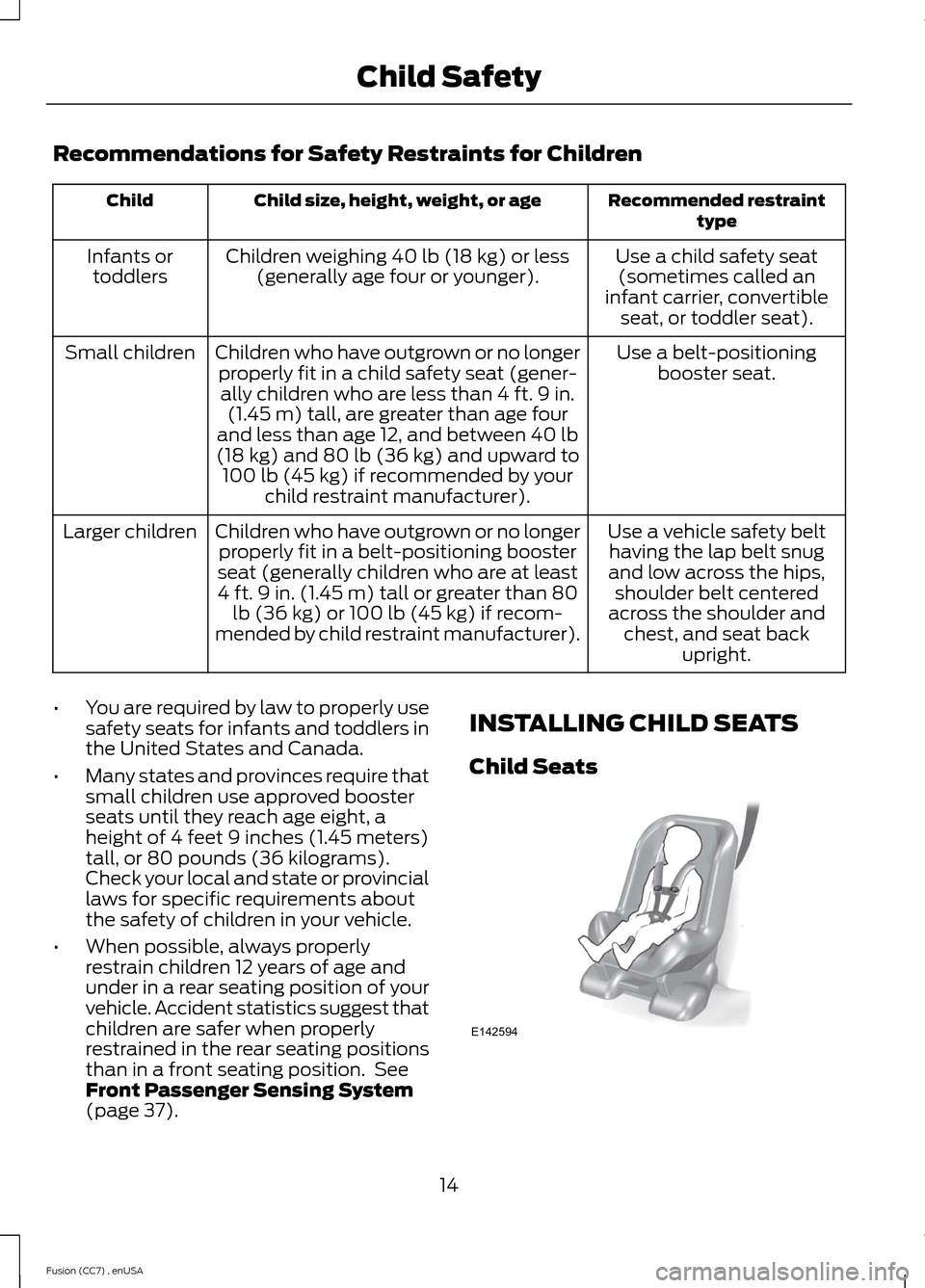 FORD FUSION (AMERICAS) 2014 2.G Owners Manual Recommendations for Safety Restraints for Children
Recommended restrainttypeChild size, height, weight, or ageChild
Use a child safety seat(sometimes called aninfant carrier, convertibleseat, or toddl