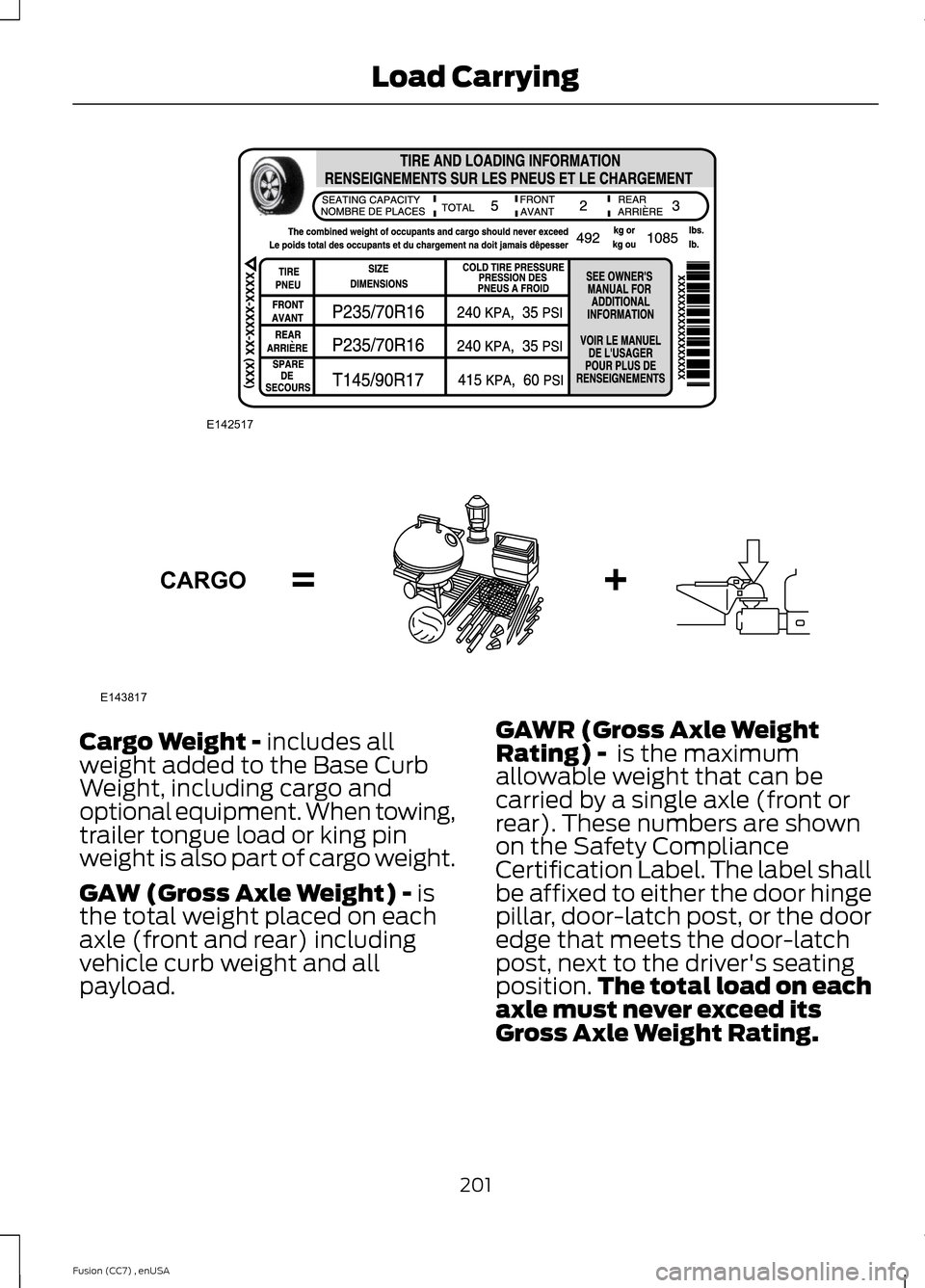 FORD FUSION (AMERICAS) 2014 2.G Owners Manual Cargo Weight - includes allweight added to the Base CurbWeight, including cargo andoptional equipment. When towing,trailer tongue load or king pinweight is also part of cargo weight.
GAW (Gross Axle W