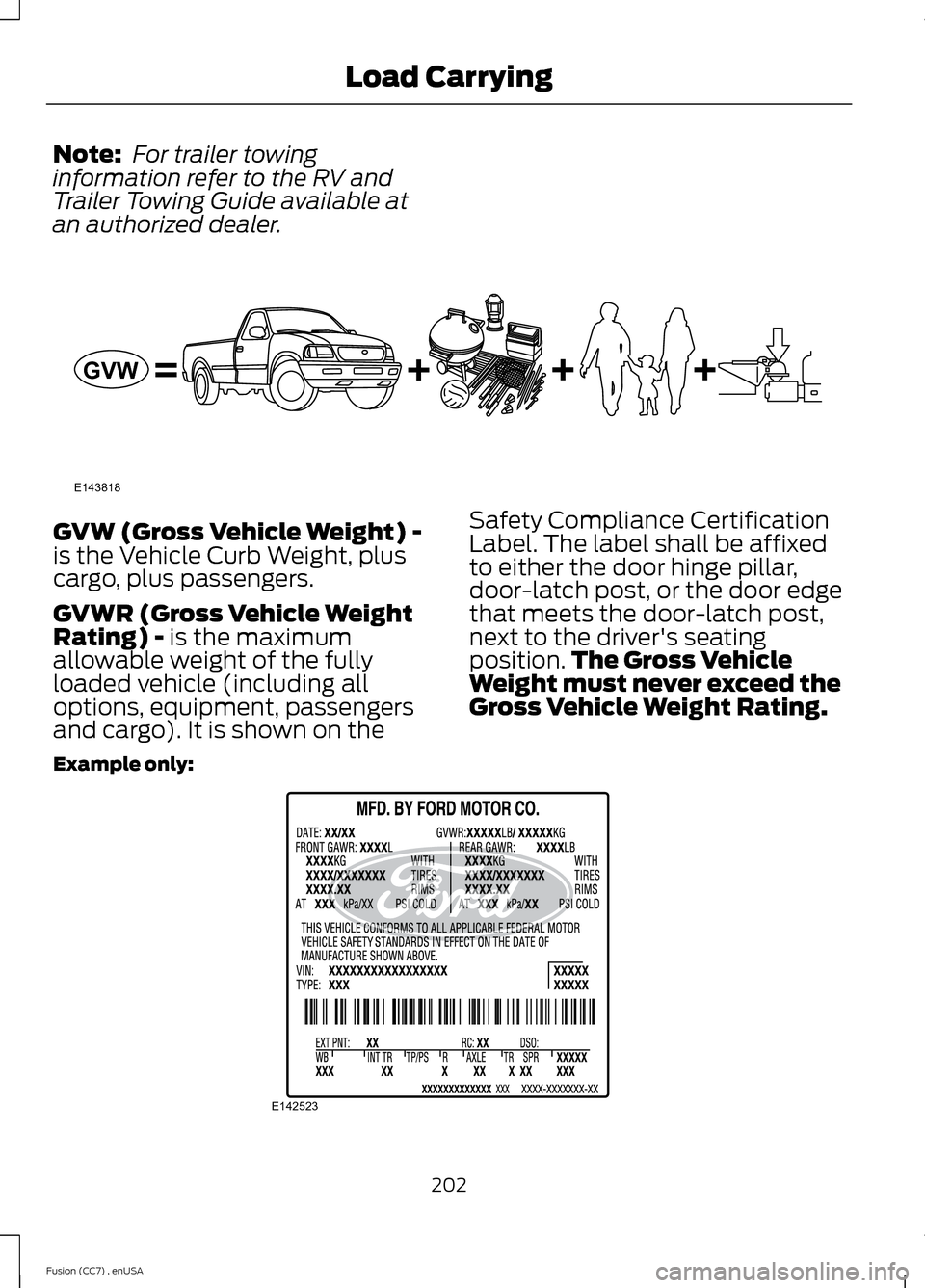 FORD FUSION (AMERICAS) 2014 2.G Owners Manual Note: For trailer towinginformation refer to the RV andTrailer Towing Guide available atan authorized dealer.
GVW (Gross Vehicle Weight) -is the Vehicle Curb Weight, pluscargo, plus passengers.
GVWR (