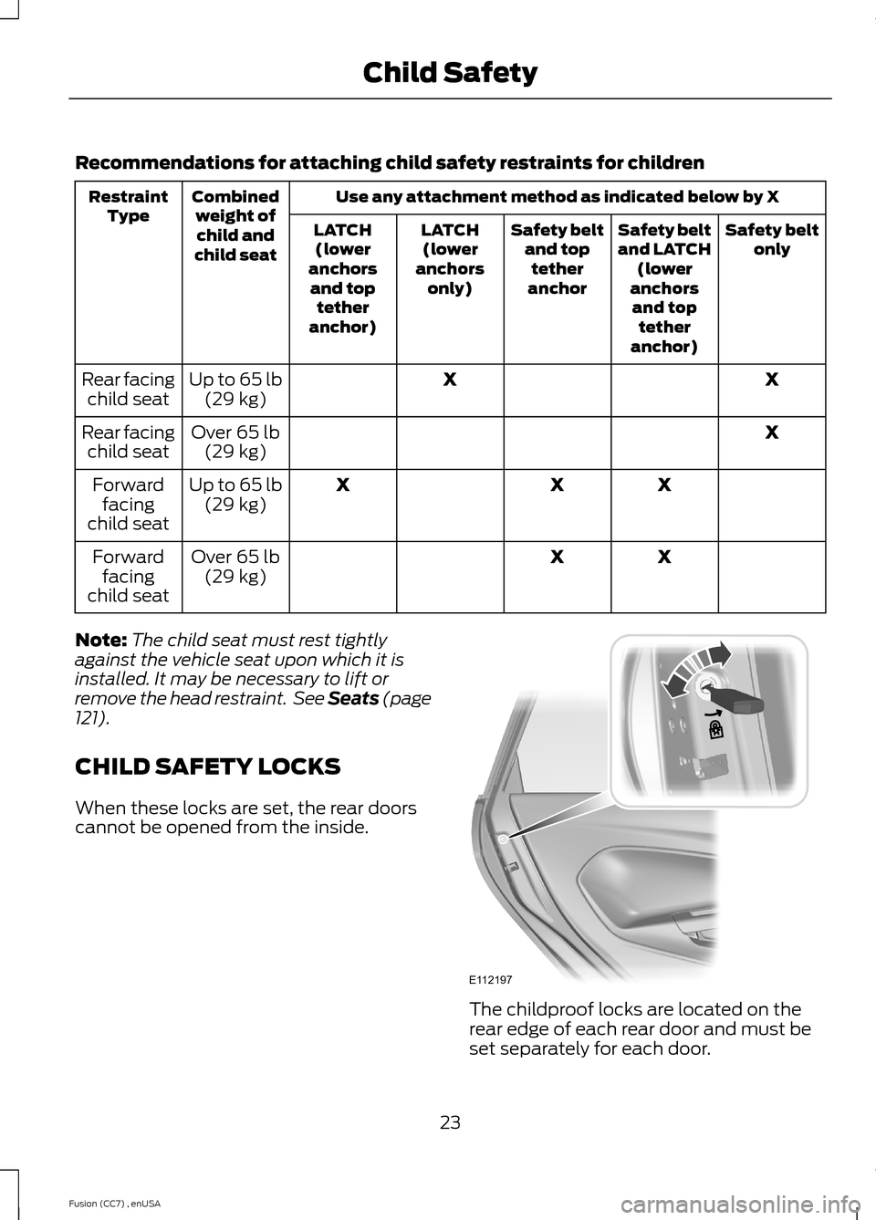 FORD FUSION (AMERICAS) 2014 2.G Owners Manual Recommendations for attaching child safety restraints for children
Use any attachment method as indicated below by XCombinedweight ofchild andchild seat
RestraintTypeSafety beltonlySafety beltand LATC