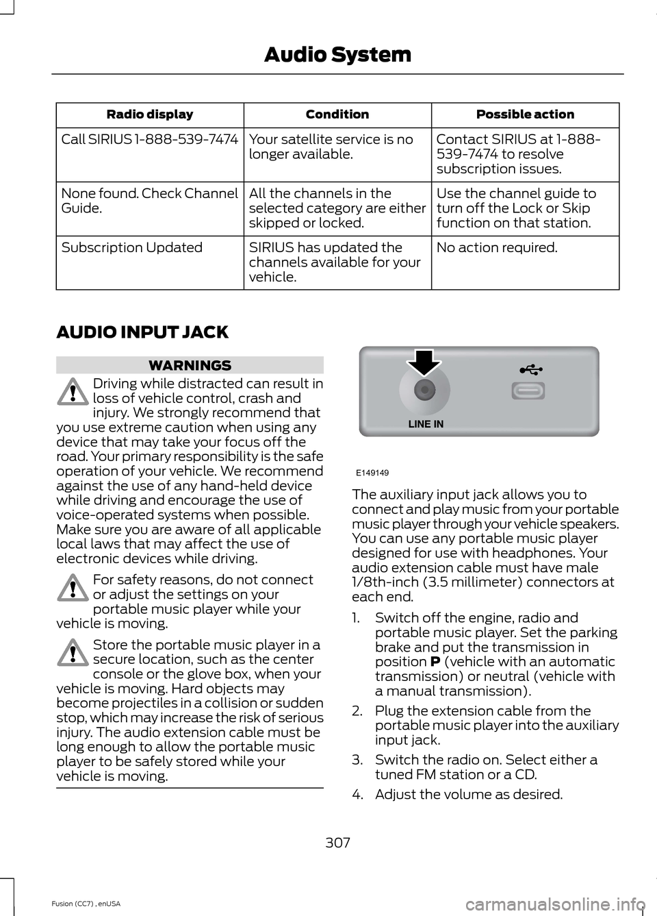 FORD FUSION (AMERICAS) 2014 2.G Owners Manual Possible actionConditionRadio display
Contact SIRIUS at 1-888-539-7474 to resolvesubscription issues.
Your satellite service is nolonger available.Call SIRIUS 1-888-539-7474
Use the channel guide totu