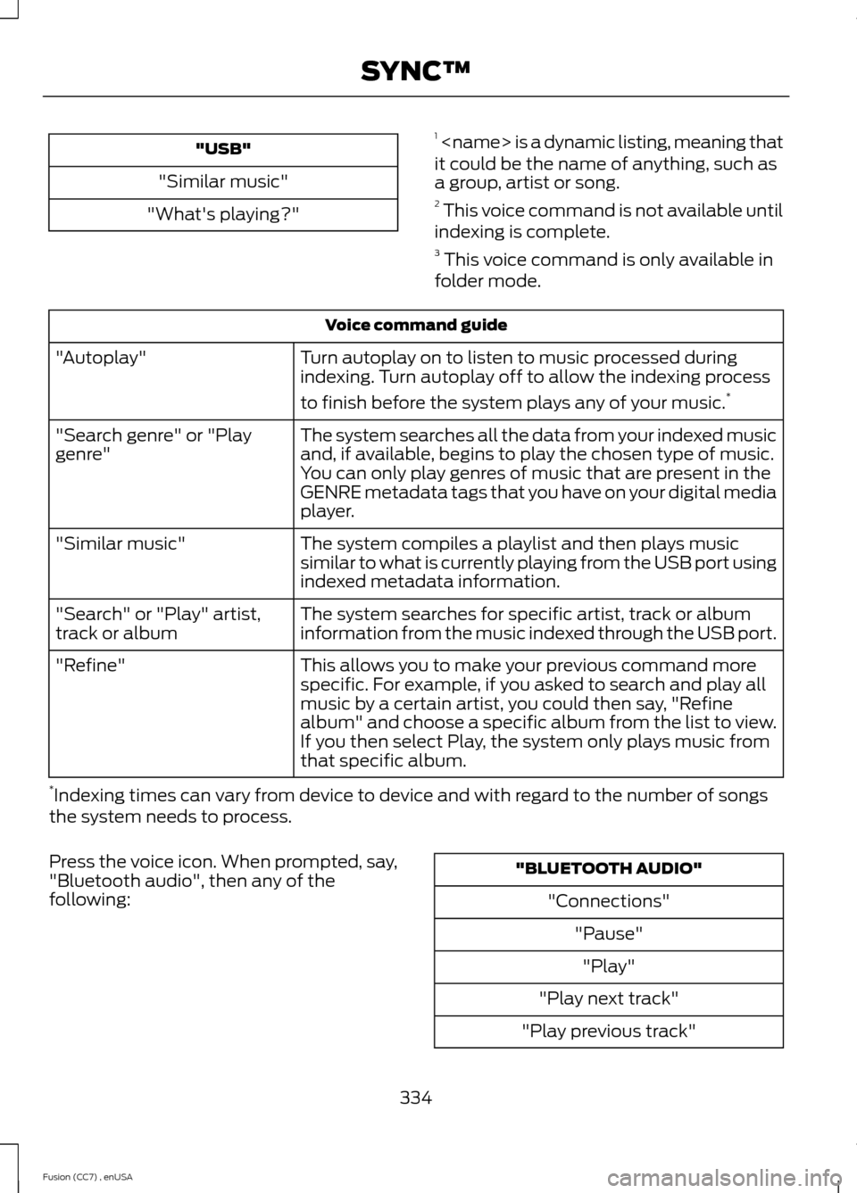 FORD FUSION (AMERICAS) 2014 2.G Owners Manual "USB"
"Similar music"
"Whats playing?"
1 <name> is a dynamic listing, meaning thatit could be the name of anything, such asa group, artist or song.2 This voice command is not available untilindexing 