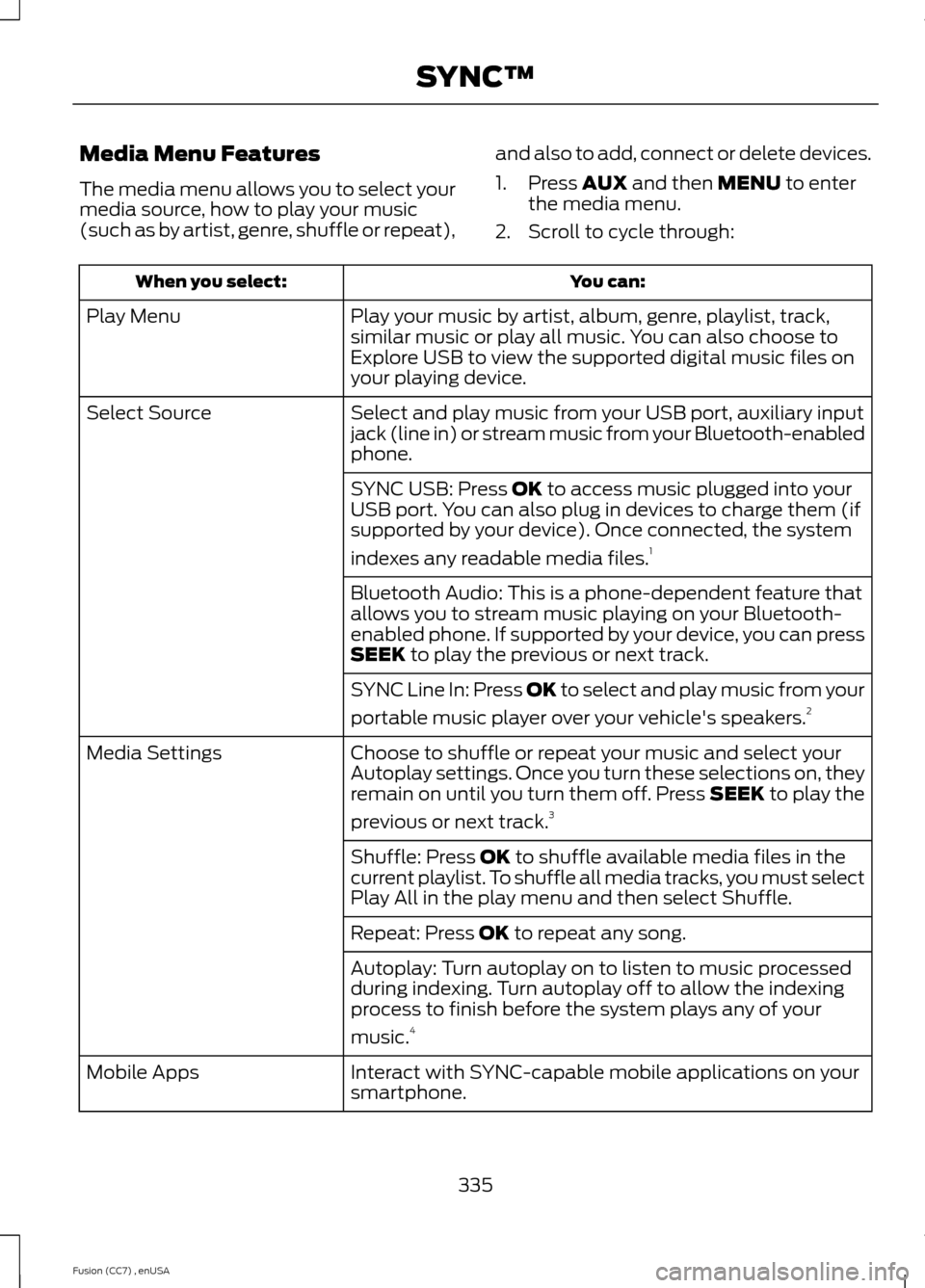 FORD FUSION (AMERICAS) 2014 2.G Owners Manual Media Menu Features
The media menu allows you to select yourmedia source, how to play your music(such as by artist, genre, shuffle or repeat),
and also to add, connect or delete devices.
1.Press AUX a