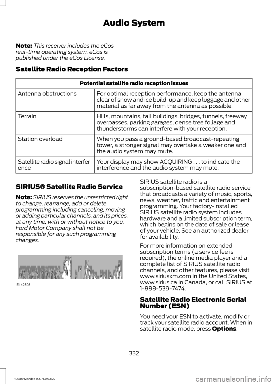 FORD FUSION (AMERICAS) 2015 2.G Owners Manual Note:
This receiver includes the eCos
real-time operating system. eCos is
published under the eCos License.
Satellite Radio Reception Factors Potential satellite radio reception issues
For optimal rec FORD FUSION (AMERICAS) 2015 2.G Owners Manual Note:
This receiver includes the eCos
real-time operating system. eCos is
published under the eCos License.
Satellite Radio Reception Factors Potential satellite radio reception issues
For optimal rec