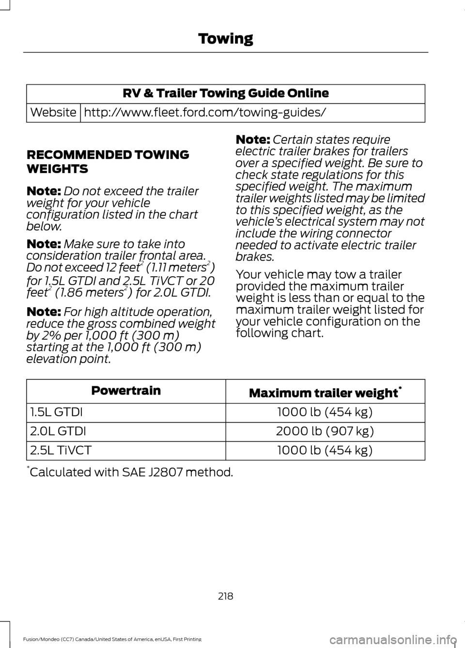 FORD FUSION (AMERICAS) 2016 2.G Owners Manual RV & Trailer Towing Guide Online
http://www.fleet.ford.com/towing-guides/
Website
RECOMMENDED TOWING
WEIGHTS
Note: Do not exceed the trailer
weight for your vehicle
configuration listed in the chart
b FORD FUSION (AMERICAS) 2016 2.G Owners Manual RV & Trailer Towing Guide Online
http://www.fleet.ford.com/towing-guides/
Website
RECOMMENDED TOWING
WEIGHTS
Note: Do not exceed the trailer
weight for your vehicle
configuration listed in the chart
b