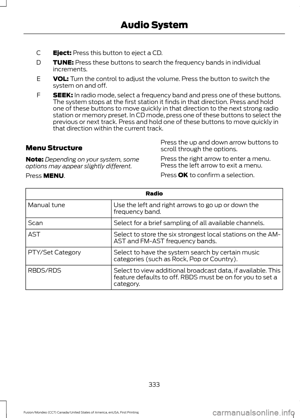 FORD FUSION (AMERICAS) 2016 2.G Owners Manual Eject: Press this button to eject a CD.
C
TUNE:
Press these buttons to search the frequency bands in individual
increments.
D
VOL:
Turn the control to adjust the volume. Press the button to switch t FORD FUSION (AMERICAS) 2016 2.G Owners Manual Eject: Press this button to eject a CD.
C
TUNE:
Press these buttons to search the frequency bands in individual
increments.
D
VOL:
Turn the control to adjust the volume. Press the button to switch t