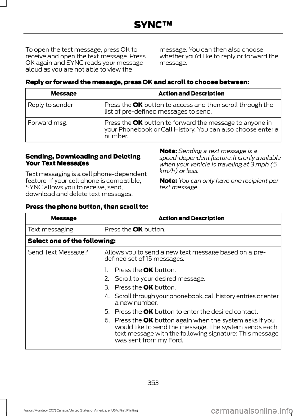 FORD FUSION (AMERICAS) 2016 2.G Owners Manual To open the test message, press OK to
receive and open the text message. Press
OK again and SYNC reads your message
aloud as you are not able to view the
message. You can then also choose
whether you FORD FUSION (AMERICAS) 2016 2.G Owners Manual To open the test message, press OK to
receive and open the text message. Press
OK again and SYNC reads your message
aloud as you are not able to view the
message. You can then also choose
whether you