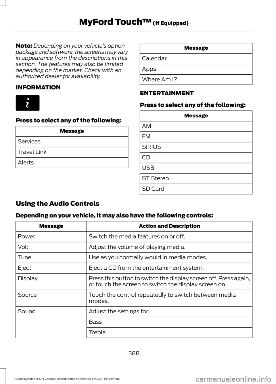FORD FUSION (AMERICAS) 2016 2.G Owners Manual Note:
Depending on your vehicle ’s option
package and software, the screens may vary
in appearance from the descriptions in this
section. The features may also be limited
depending on the market. Ch FORD FUSION (AMERICAS) 2016 2.G Owners Manual Note:
Depending on your vehicle ’s option
package and software, the screens may vary
in appearance from the descriptions in this
section. The features may also be limited
depending on the market. Ch