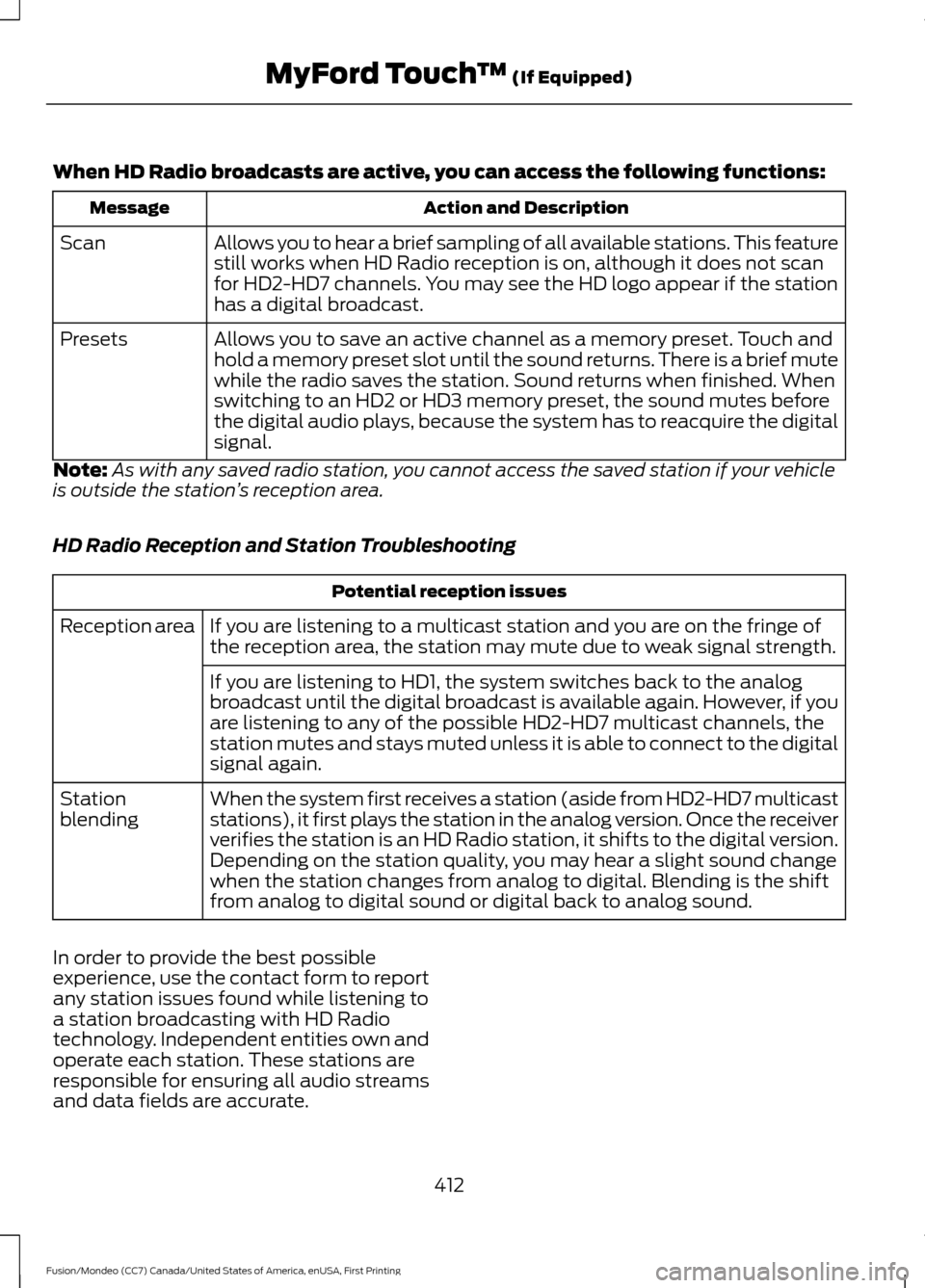 FORD FUSION (AMERICAS) 2016 2.G Owners Manual When HD Radio broadcasts are active, you can access the following functions:
Action and Description
Message
Allows you to hear a brief sampling of all available stations. This feature
still works when FORD FUSION (AMERICAS) 2016 2.G Owners Manual When HD Radio broadcasts are active, you can access the following functions:
Action and Description
Message
Allows you to hear a brief sampling of all available stations. This feature
still works when