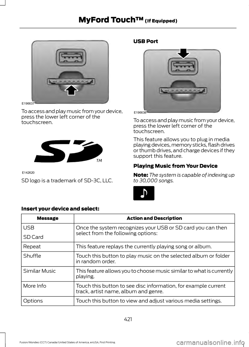 FORD FUSION (AMERICAS) 2016 2.G Owners Manual To access and play music from your device,
press the lower left corner of the
touchscreen.
SD logo is a trademark of SD-3C, LLC.
USB Port To access and play music from your device,
press the lower lef FORD FUSION (AMERICAS) 2016 2.G Owners Manual To access and play music from your device,
press the lower left corner of the
touchscreen.
SD logo is a trademark of SD-3C, LLC.
USB Port To access and play music from your device,
press the lower lef