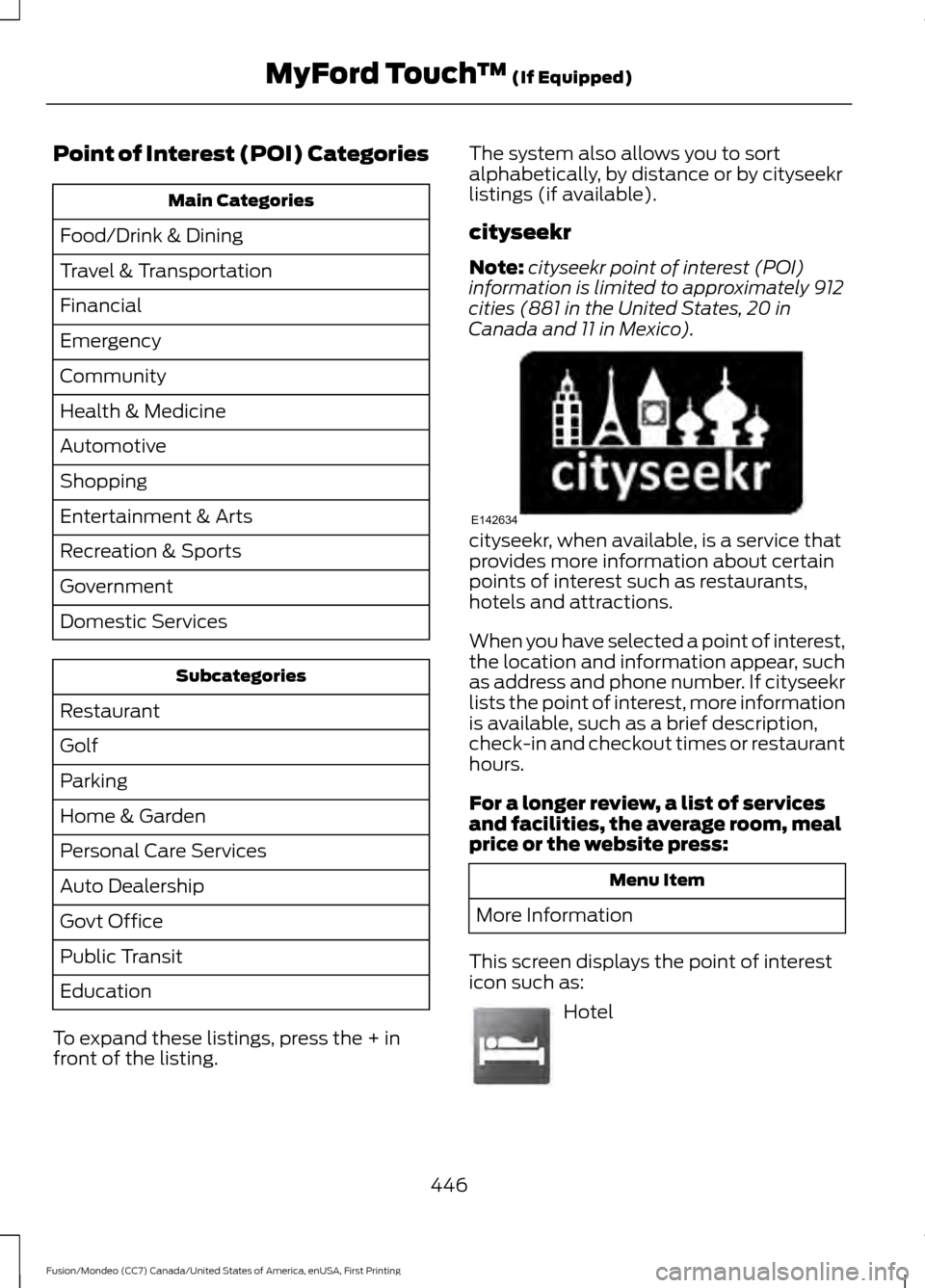 FORD FUSION (AMERICAS) 2016 2.G Owners Manual Point of Interest (POI) Categories
Main Categories
Food/Drink & Dining
Travel & Transportation
Financial
Emergency
Community
Health & Medicine
Automotive
Shopping
Entertainment & Arts
Recreation & Spo FORD FUSION (AMERICAS) 2016 2.G Owners Manual Point of Interest (POI) Categories
Main Categories
Food/Drink & Dining
Travel & Transportation
Financial
Emergency
Community
Health & Medicine
Automotive
Shopping
Entertainment & Arts
Recreation & Spo