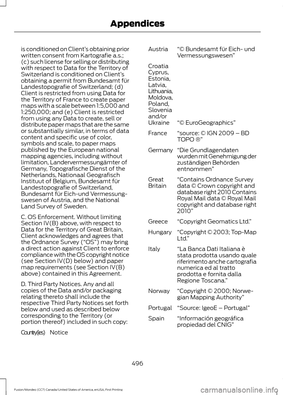 FORD FUSION (AMERICAS) 2016 2.G Owners Manual is conditioned on Client’
s obtaining prior
written consent from Kartografie a.s.;
(c) such license for selling or distributing
with respect to Data for the Territory of
Switzerland is conditioned o