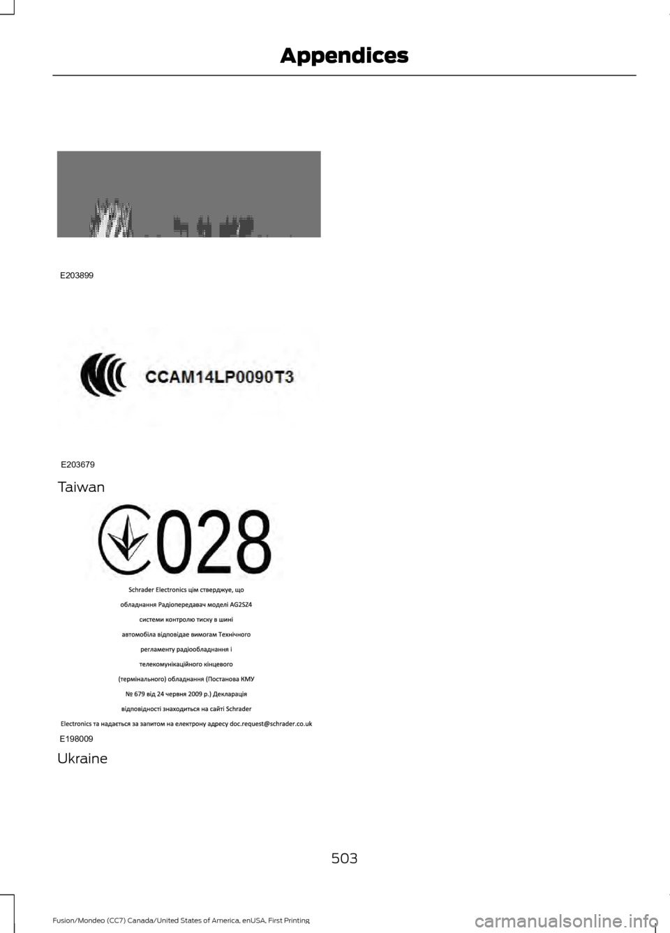 FORD FUSION (AMERICAS) 2016 2.G Owners Manual Taiwan
Ukraine
503
Fusion/Mondeo (CC7) Canada/United States of America, enUSA, First Printing AppendicesE203899 E203679 E198009  