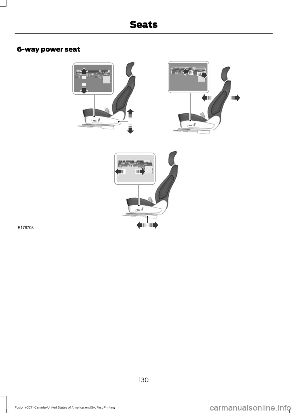 FORD FUSION (AMERICAS) 2017 2.G Owners Manual 6-way power seat
130
Fusion (CC7) Canada/United States of America, enUSA, First Printing SeatsE176793  