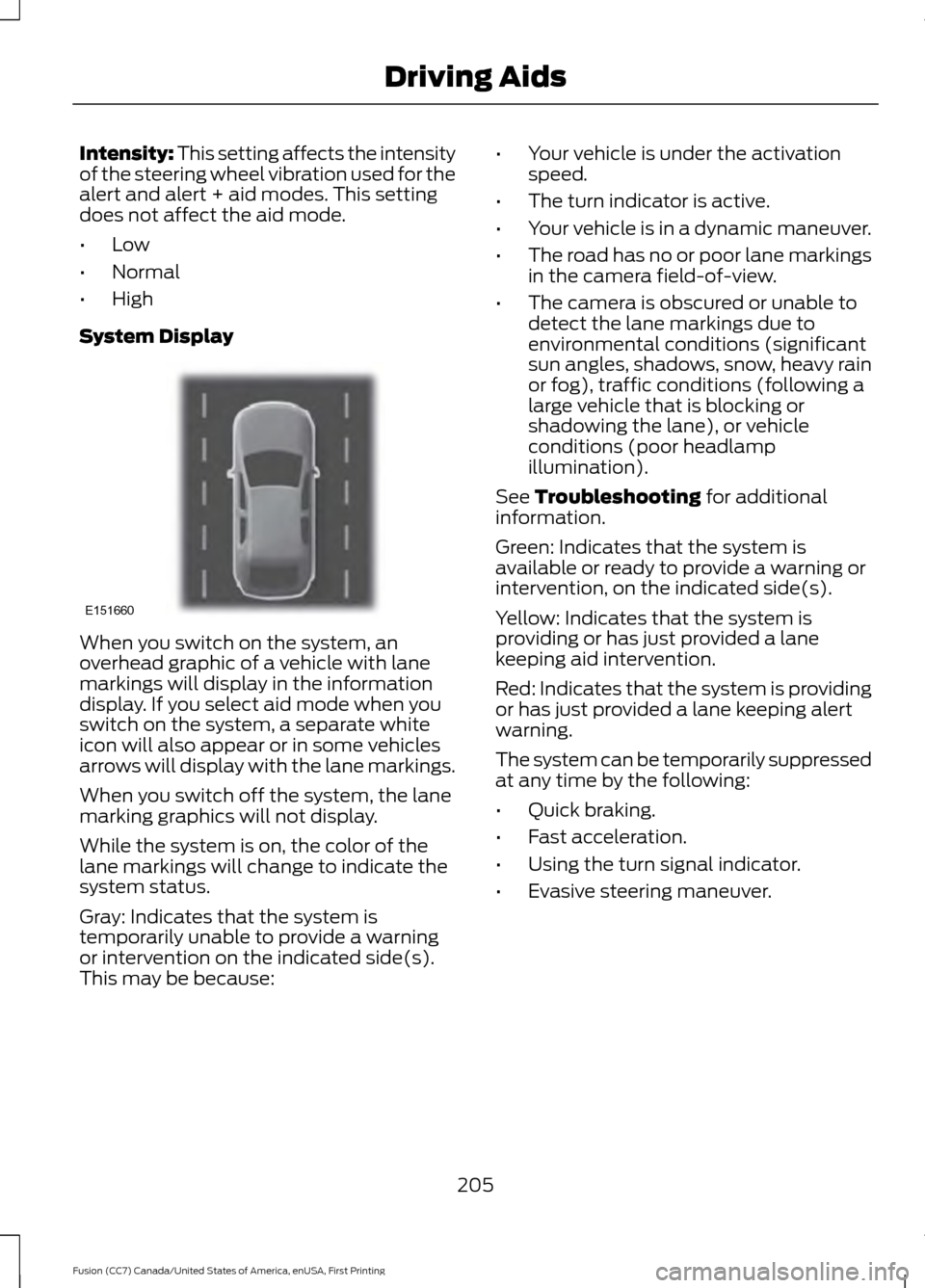 FORD FUSION (AMERICAS) 2017 2.G Owners Manual Intensity: This setting affects the intensity
of the steering wheel vibration used for the
alert and alert + aid modes. This setting
does not affect the aid mode.
•
Low
• Normal
• High
System Di FORD FUSION (AMERICAS) 2017 2.G Owners Manual Intensity: This setting affects the intensity
of the steering wheel vibration used for the
alert and alert + aid modes. This setting
does not affect the aid mode.
•
Low
• Normal
• High
System Di