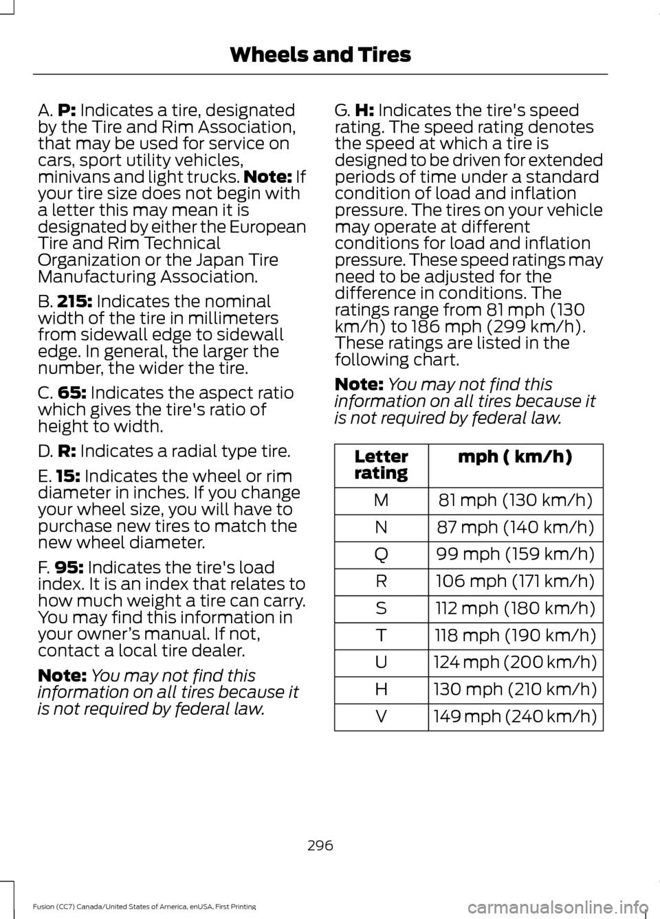 FORD FUSION (AMERICAS) 2017 2.G Owners Manual A.
P: Indicates a tire, designated
by the Tire and Rim Association,
that may be used for service on
cars, sport utility vehicles,
minivans and light trucks. Note:
If
your tire size does not begin wit FORD FUSION (AMERICAS) 2017 2.G Owners Manual A.
P: Indicates a tire, designated
by the Tire and Rim Association,
that may be used for service on
cars, sport utility vehicles,
minivans and light trucks. Note:
If
your tire size does not begin wit