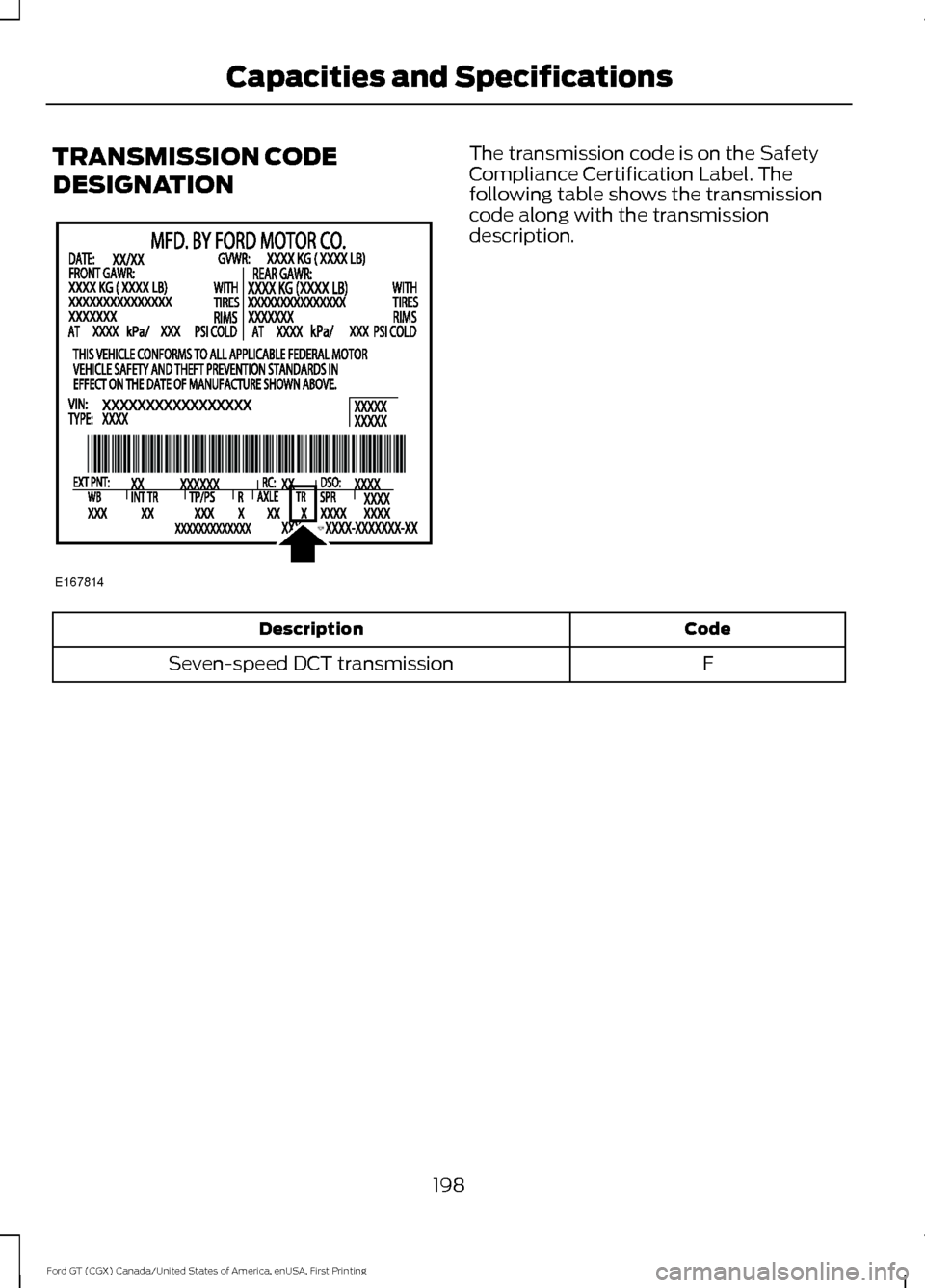 FORD GT 2017 2.G Owners Manual TRANSMISSION CODE
DESIGNATION The transmission code is on the Safety
Compliance Certification Label. The
following table shows the transmission
code along with the transmission
description.
Code
Descr